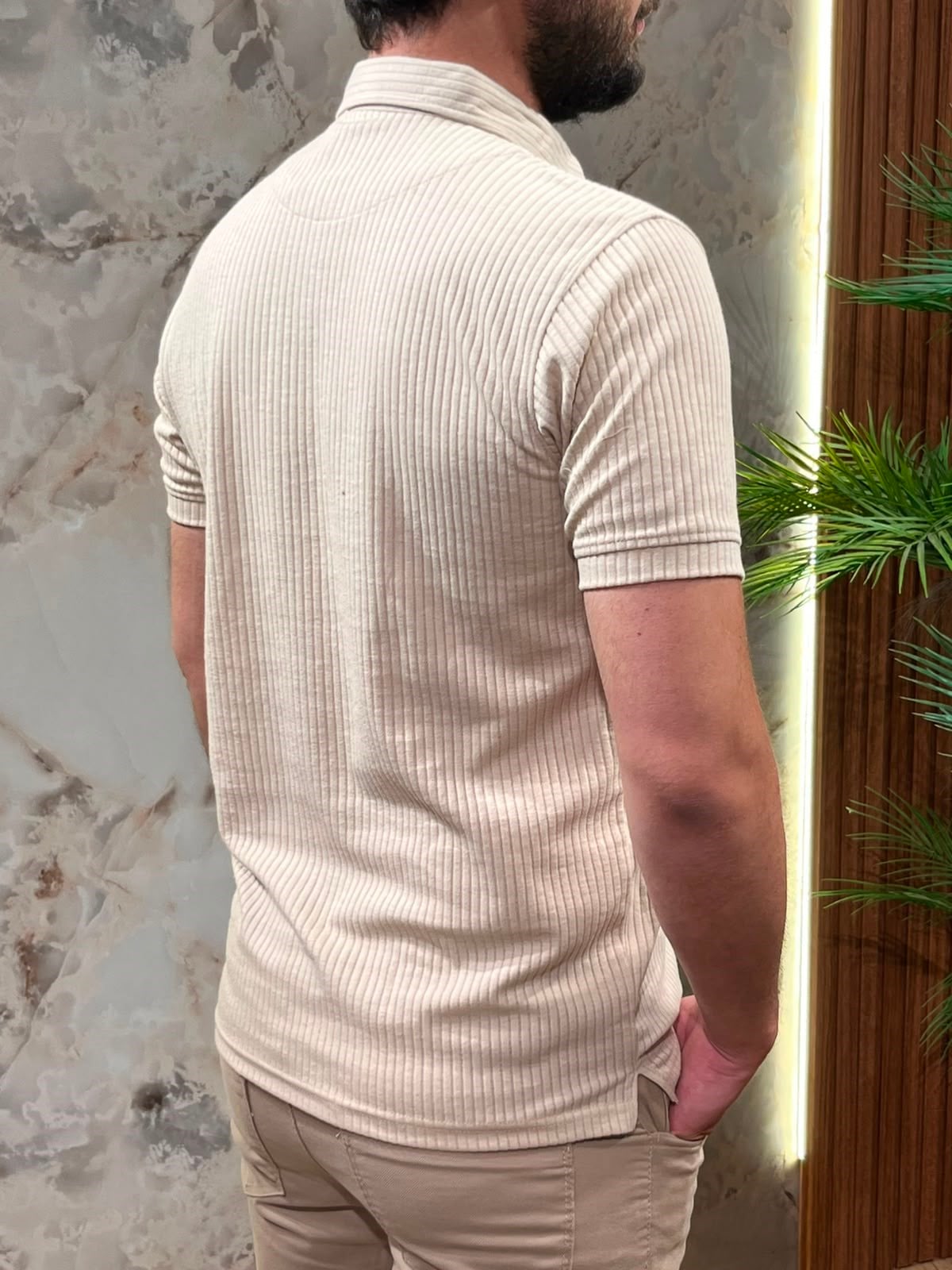 KENDİNDEN ÇİZGİLİ RAHAT TAŞ POLO YAKA TİŞÖRT