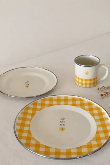 Glampout Picnic Emaye Tabak Sarı Ekose 25 cm 1046