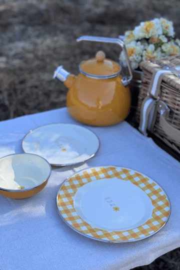 Glampout Picnic Emaye Tabak Sarı Ekose 25 cm 1046