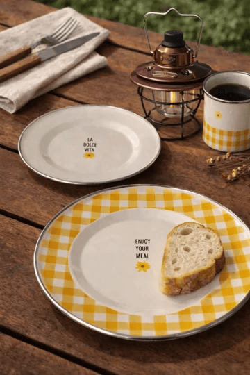 Glampout Picnic Emaye Tabak Sarı Ekose 25 cm 1046