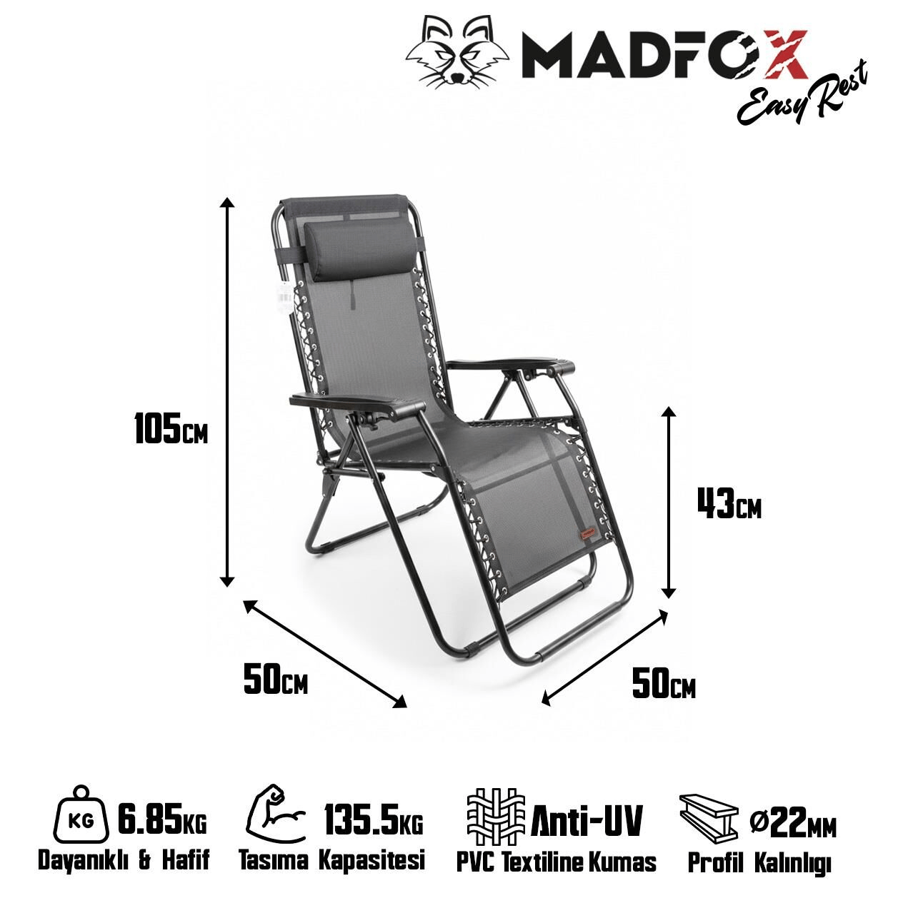Madfox EasyRest Katlanır Şezlong Sandalye, Renk:Gri
