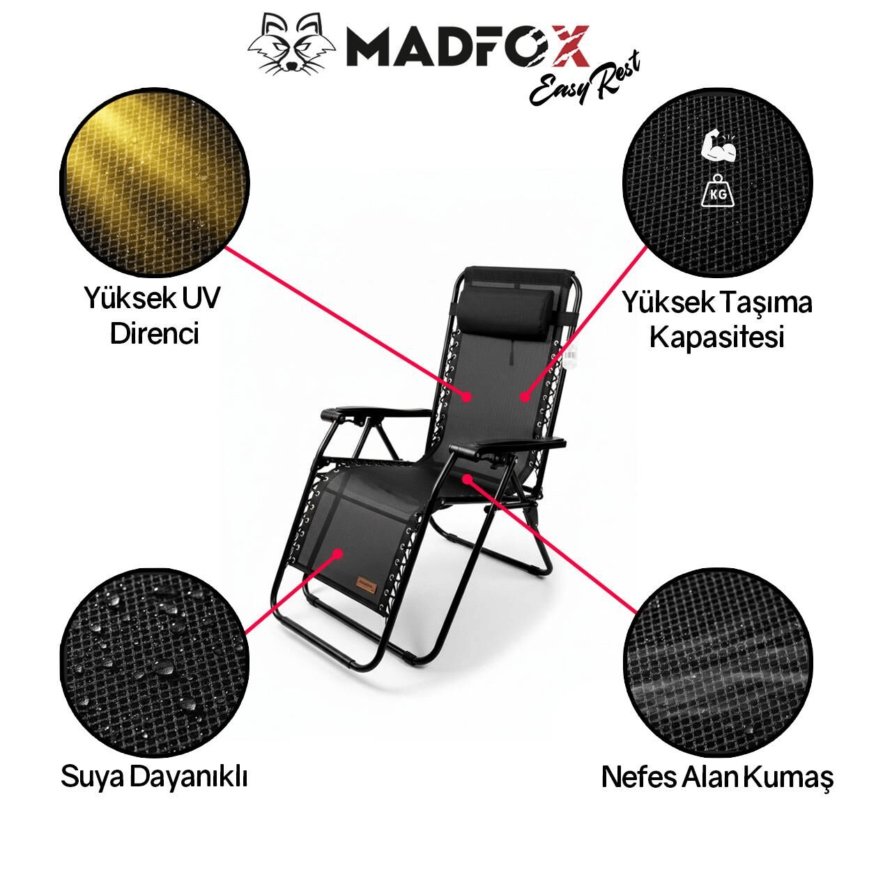 Madfox EasyRest Katlanır Şezlong Sandalye, Renk:Siyah