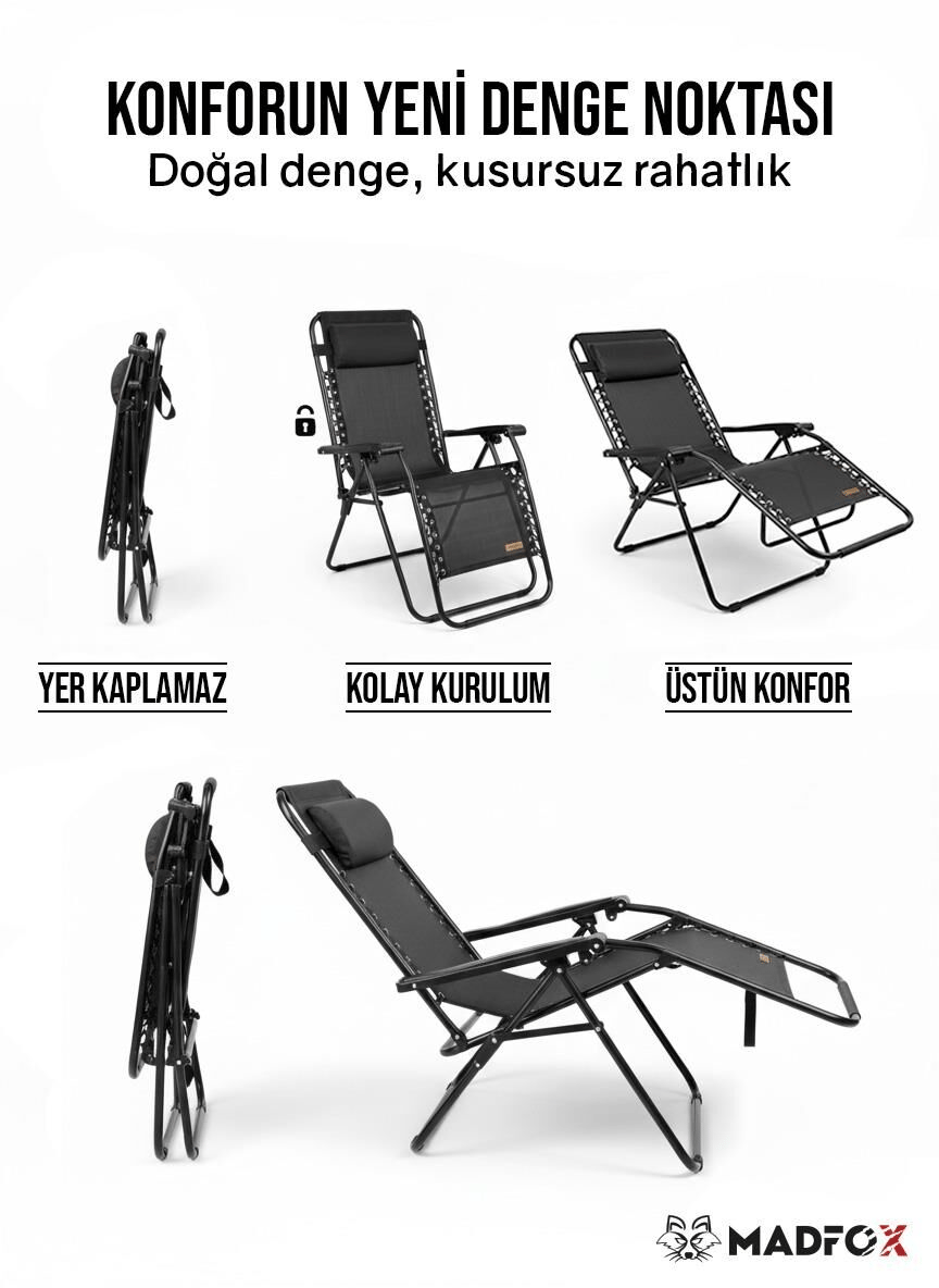 Madfox EasyRest Katlanır Şezlong Sandalye, Renk:Gri