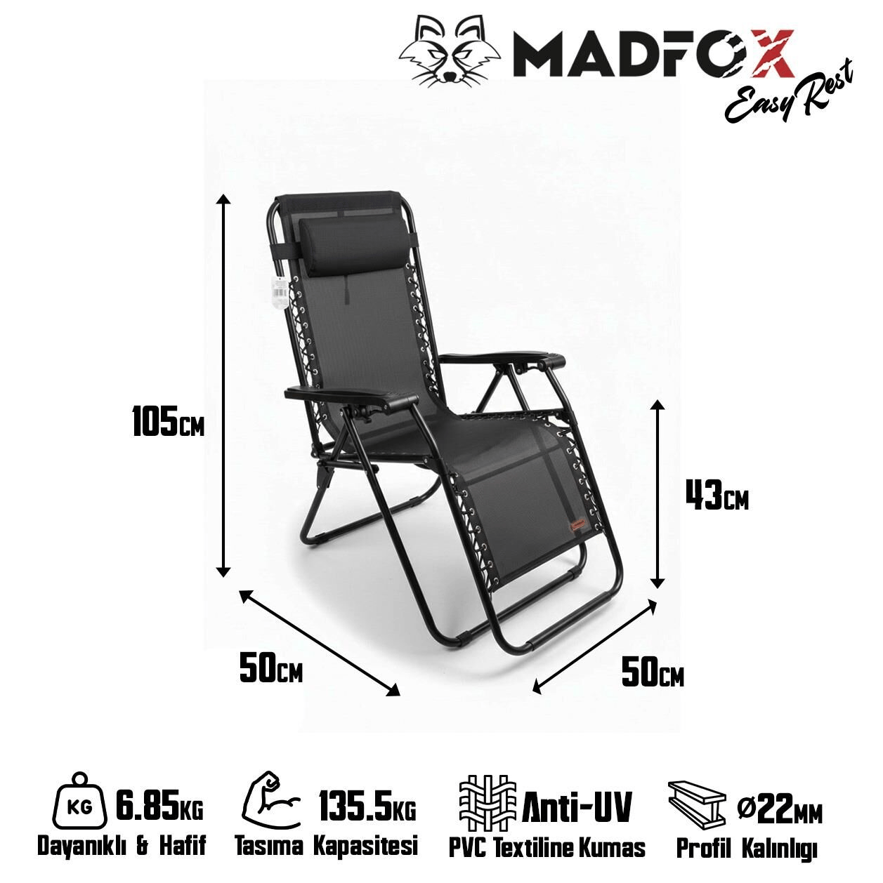 Madfox EasyRest Katlanır Şezlong Sandalye, Renk:Siyah