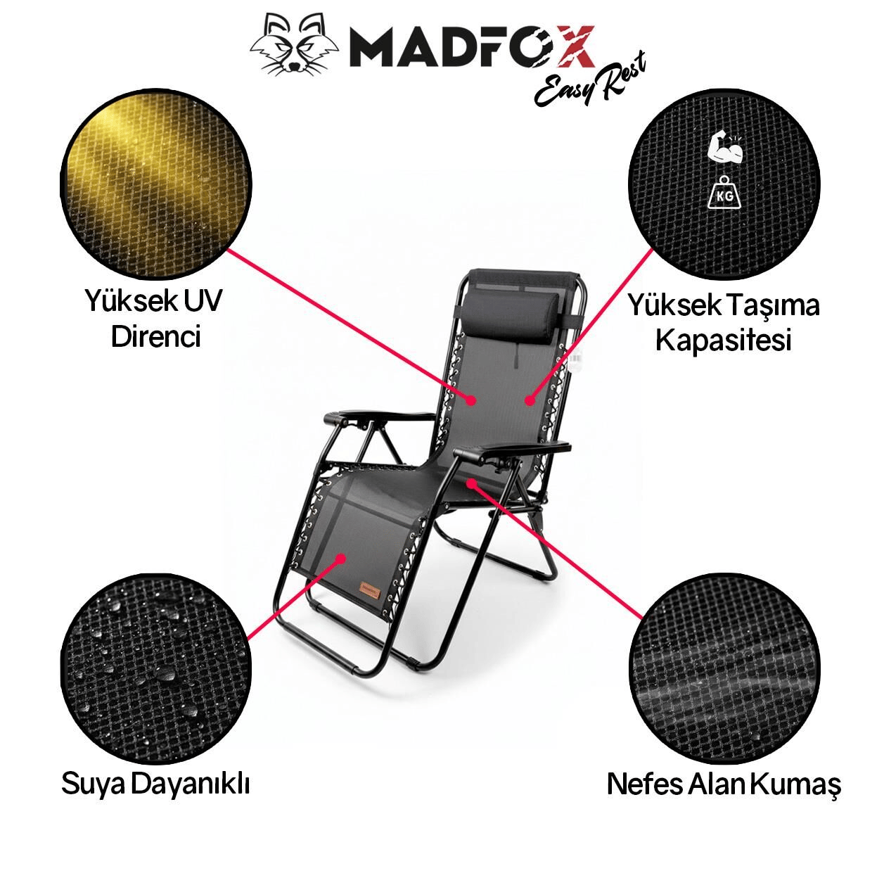 Madfox EasyRest Katlanır Şezlong Sandalye, Renk:Gri