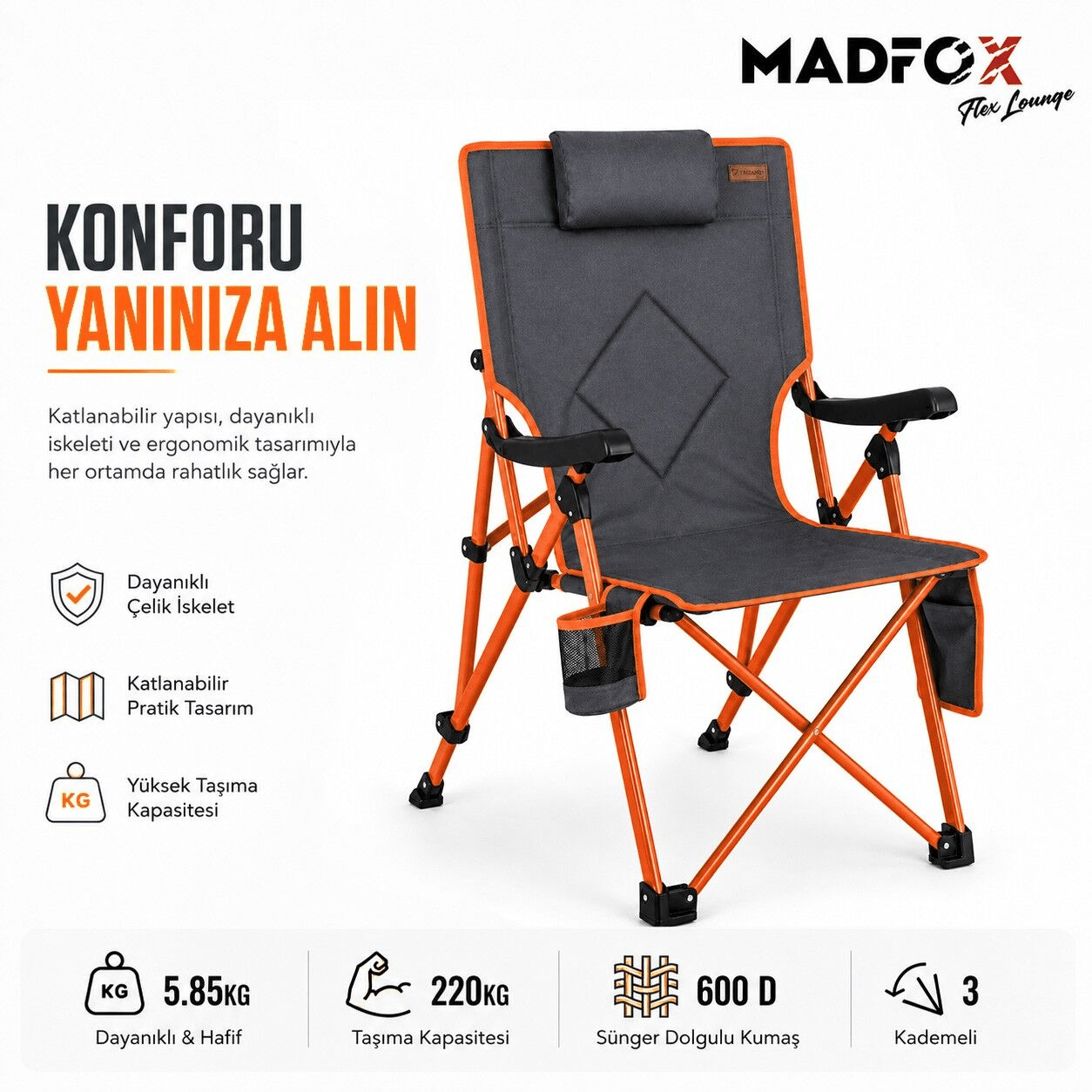 Madfox FlexLounge 3X Katlanabilir Kamp Sandalyesi/Steel Ember