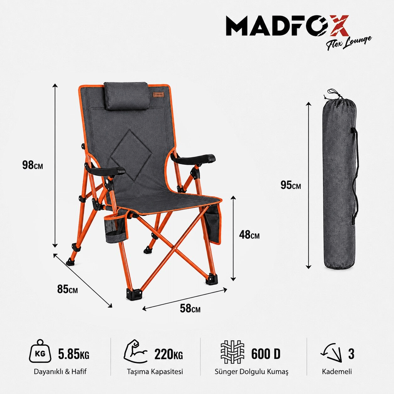 Madfox FlexLounge 3X Katlanabilir Kamp Sandalyesi/Steel Ember