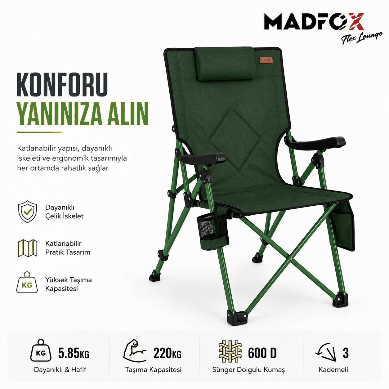 Madfox FlexLounge 3X Katlanabilir Kamp Sandalyesi/Steel Moss/