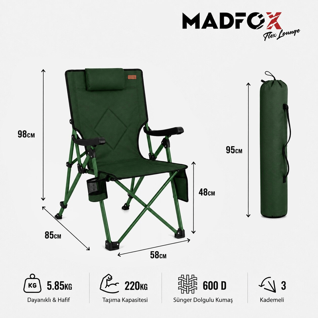 Madfox FlexLounge 3X Katlanabilir Kamp Sandalyesi/Steel Moss/