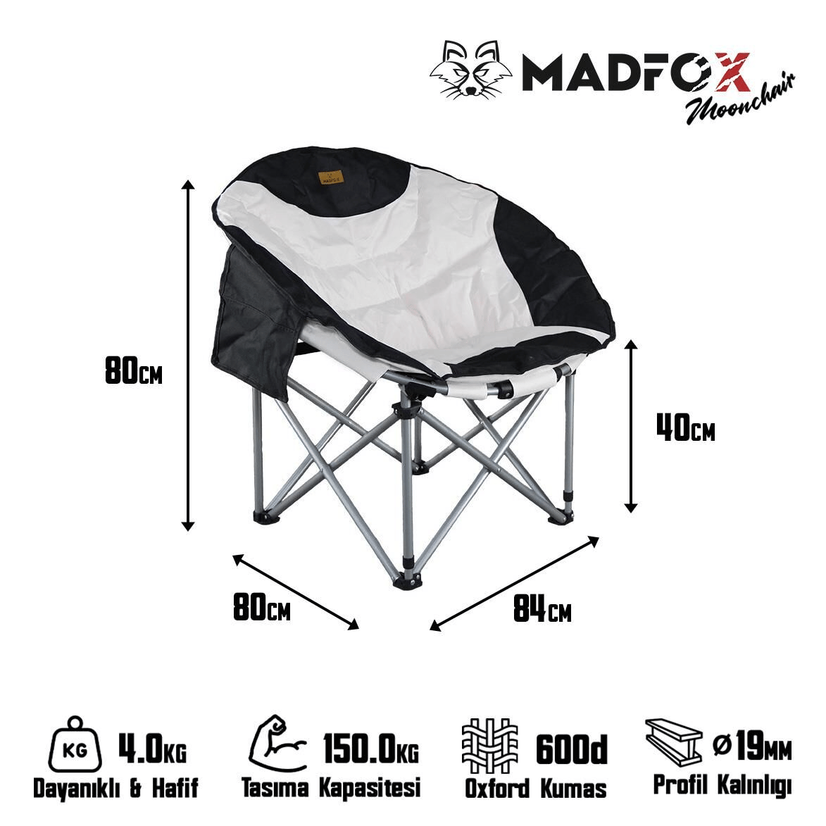 Madfox Moonchair Deluxe Katlanır Kamp Sandalyesi/Siyah/Gri/