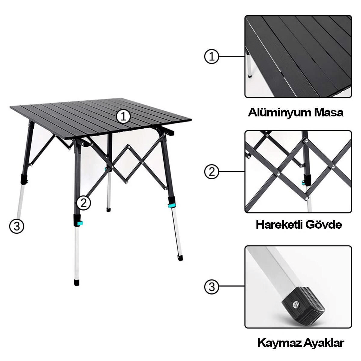 Madfox Skylite Yükseklik Ayarlı Katlanır Kamp Masası, Renk:Siyah, 