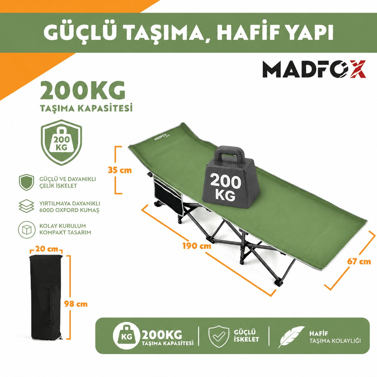 Madfox SteelRest Çelik Katlanır Kamp Yatağı Kampet, Renk:Green