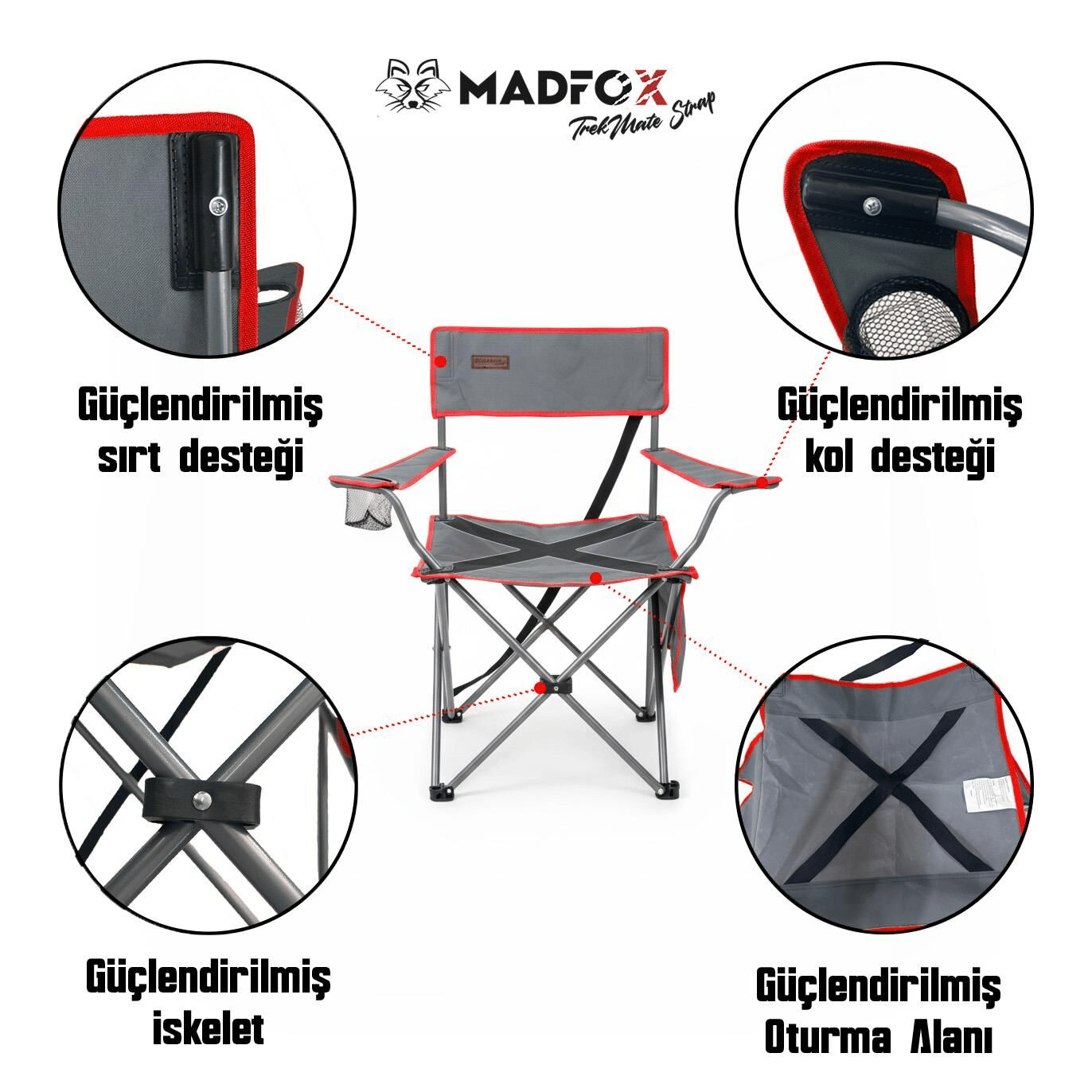 Madfox TrekMate Strap Katlanır Outdoor Koltuk, Renk:Kırmızı,