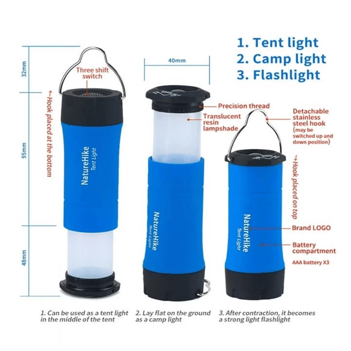 Naturehike 3IN1 MultiFonksiyonel LED Kamp Lambası, Renk: Mavi 7779