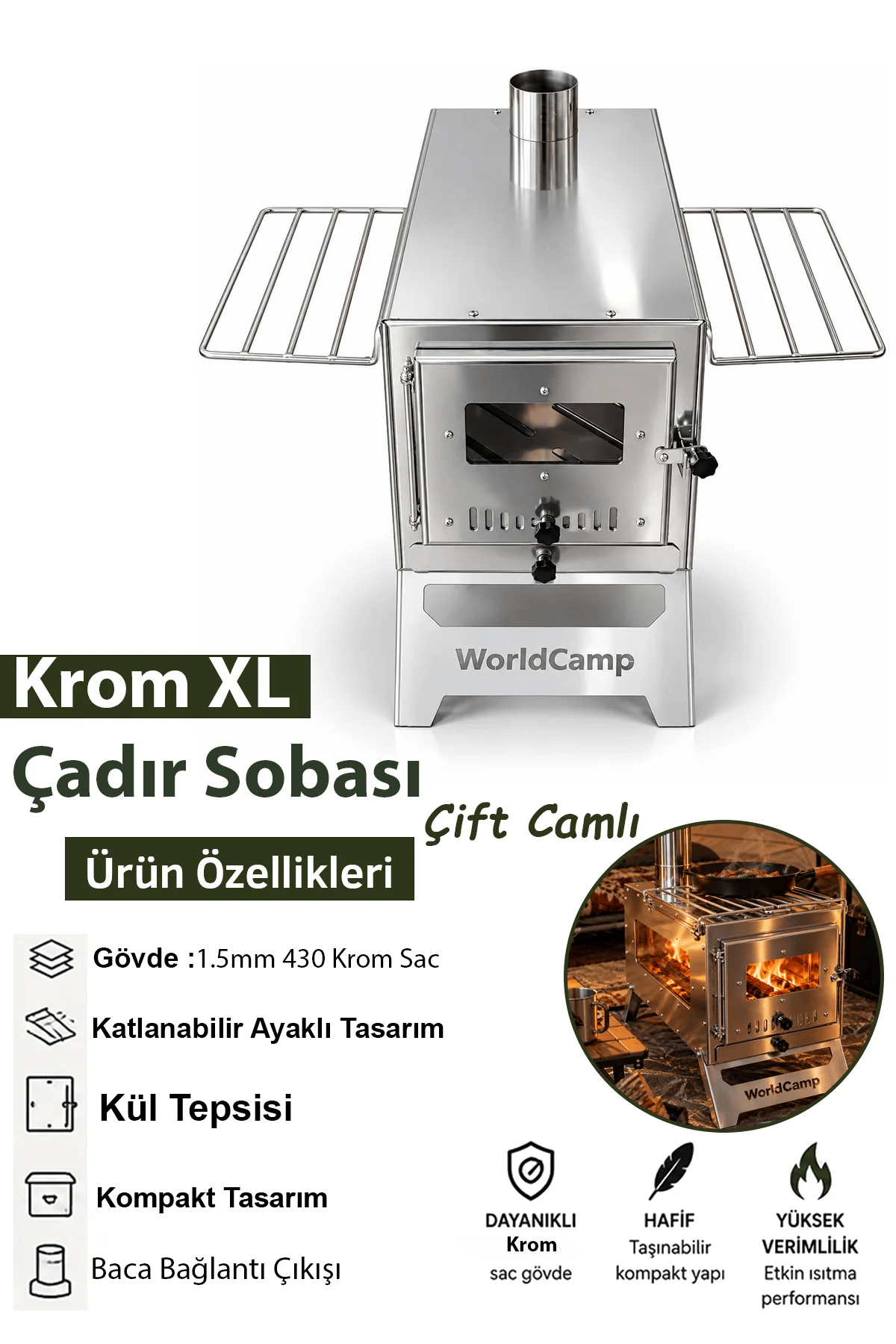 World Camp Lüx XL Krom Çadır Sobası (Çift Camlı) WR-319A 1502