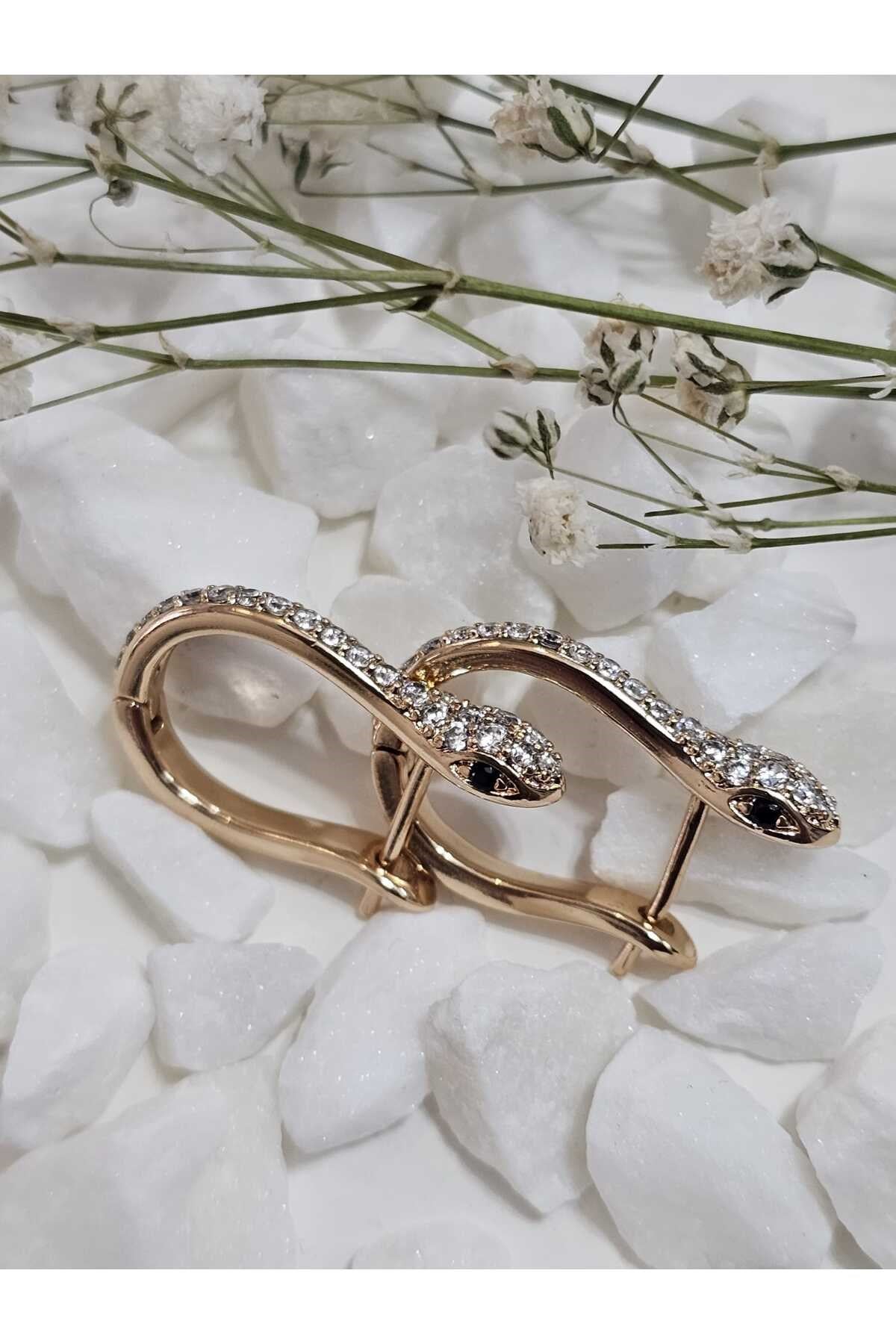 Zirkon Taşlarla Kaplı Yılan Model Kadın Çelik Küpe
