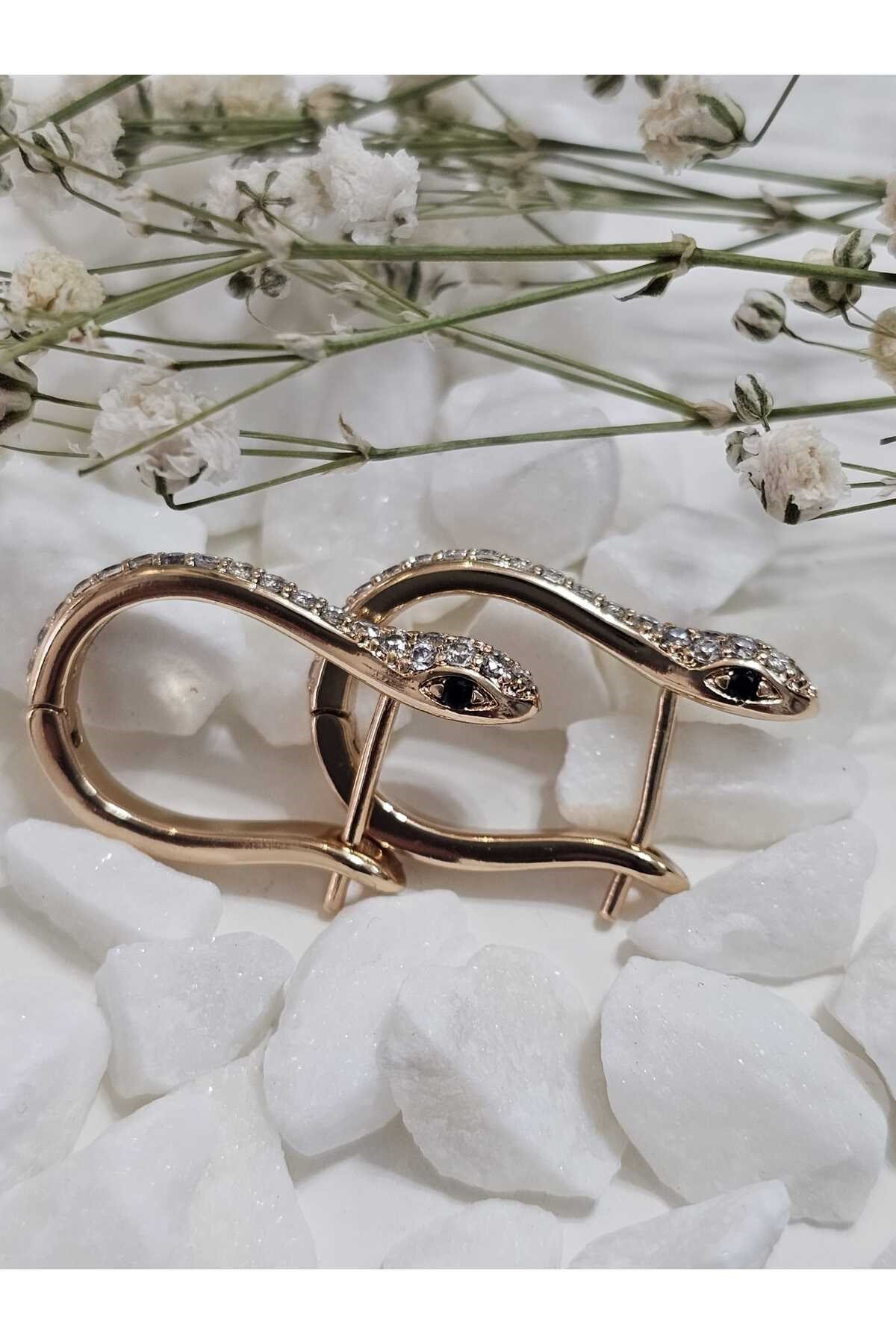 Zirkon Taşlarla Kaplı Yılan Model Kadın Çelik Küpe