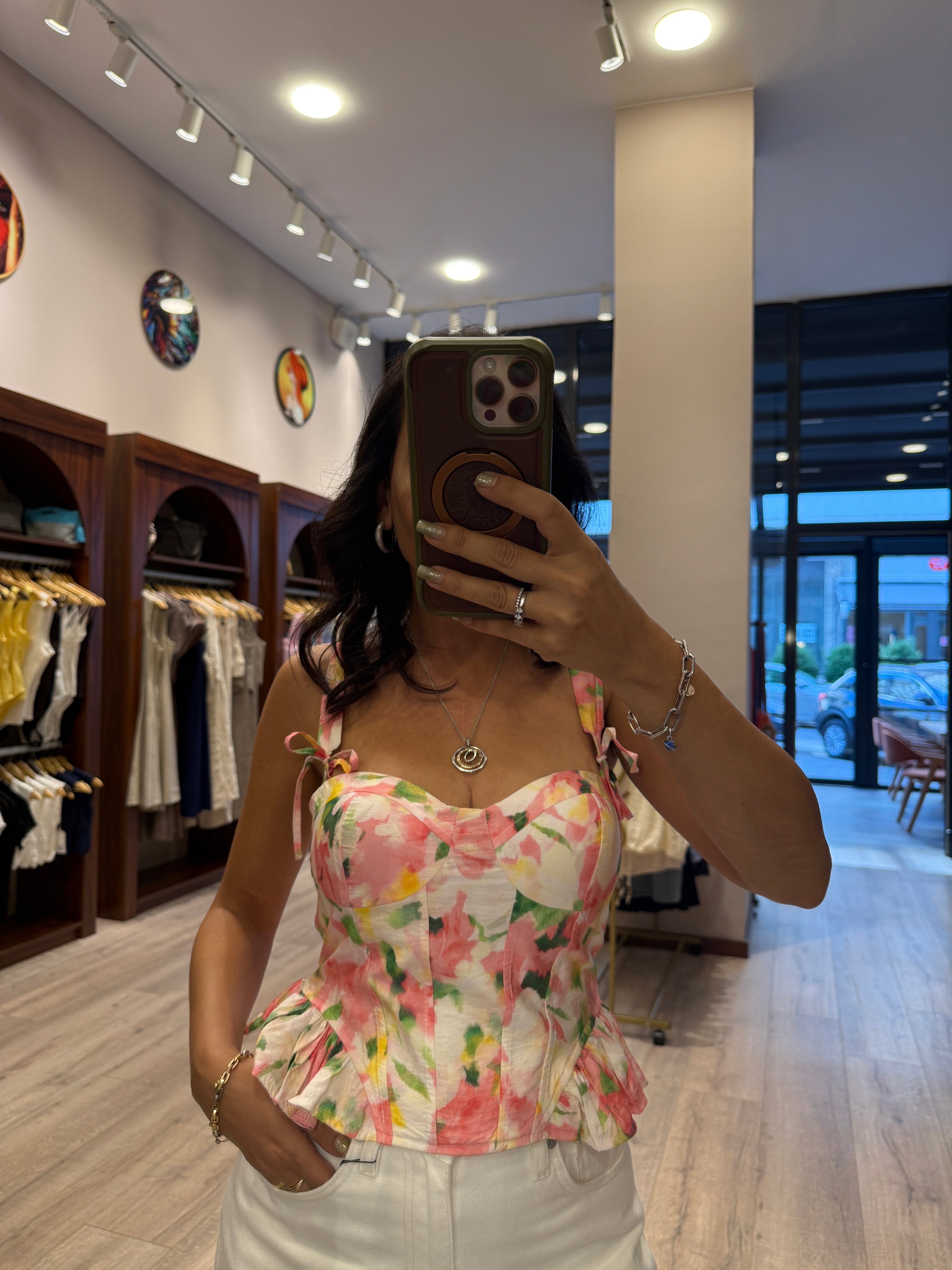 Bağlama Askılı Çiçek Desenli Peplum Bluz – Pembe