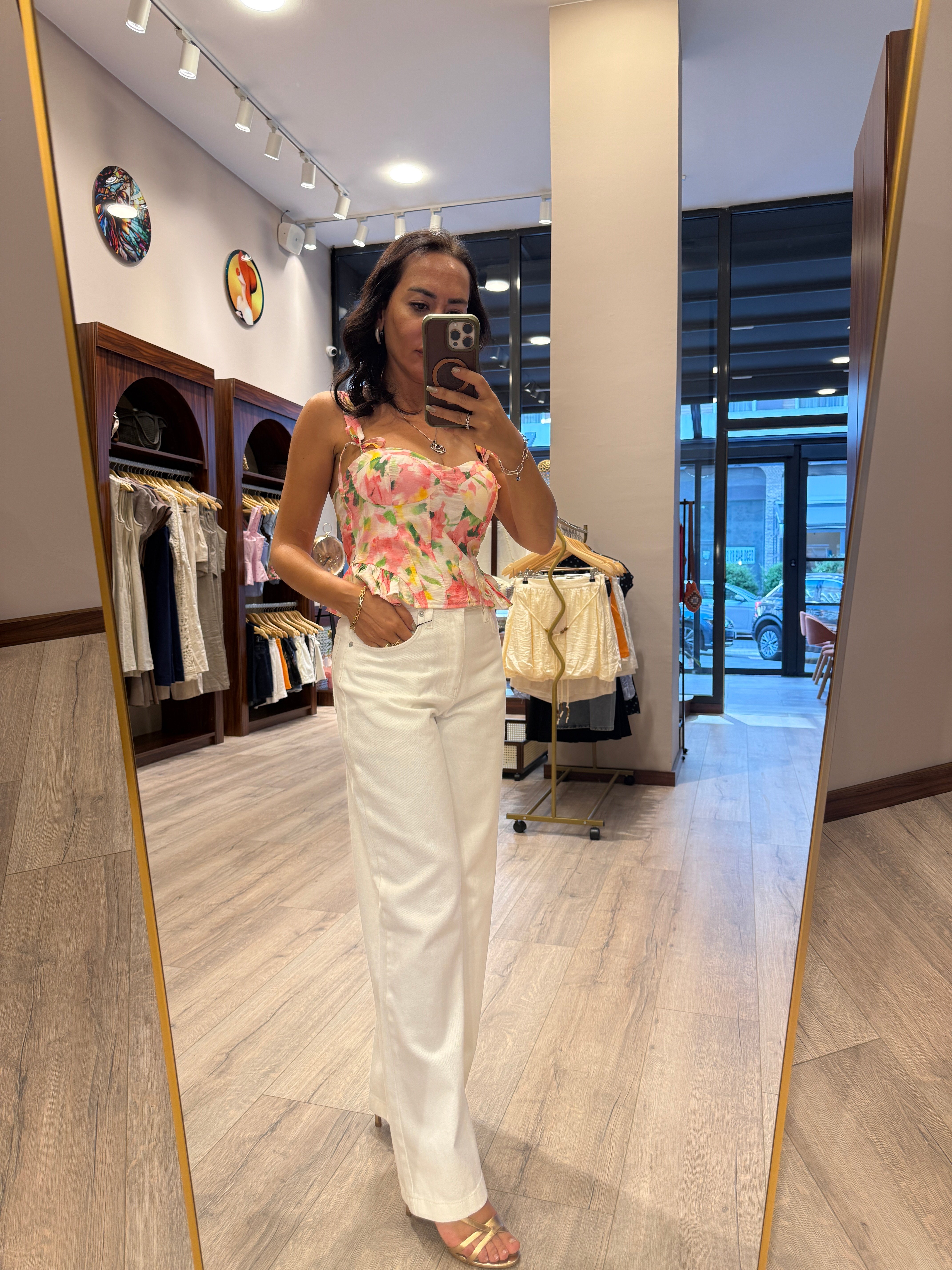 Bağlama Askılı Çiçek Desenli Peplum Bluz – Pembe
