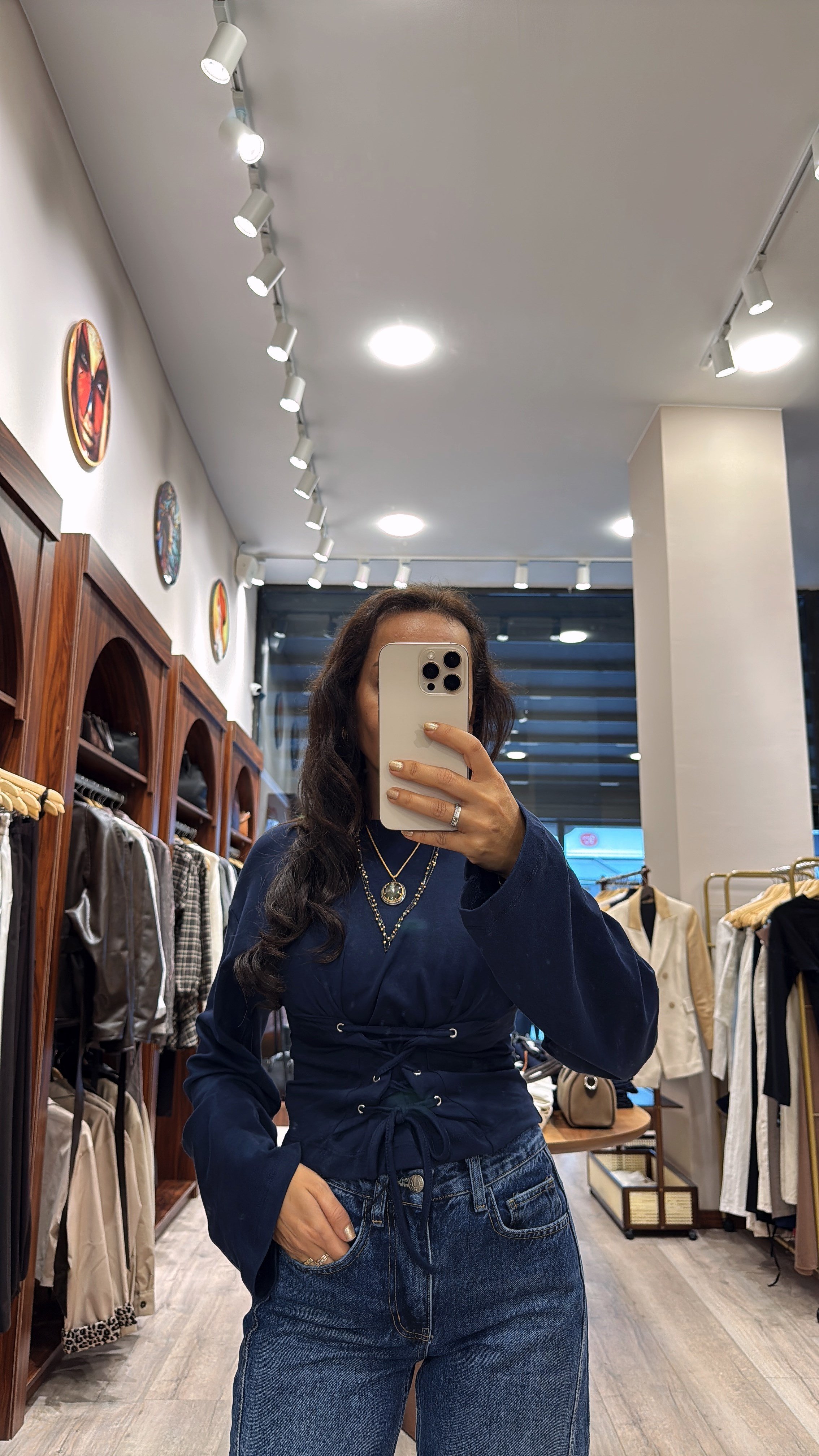 BELİ KORSELİ BLUZ-LACİVERT