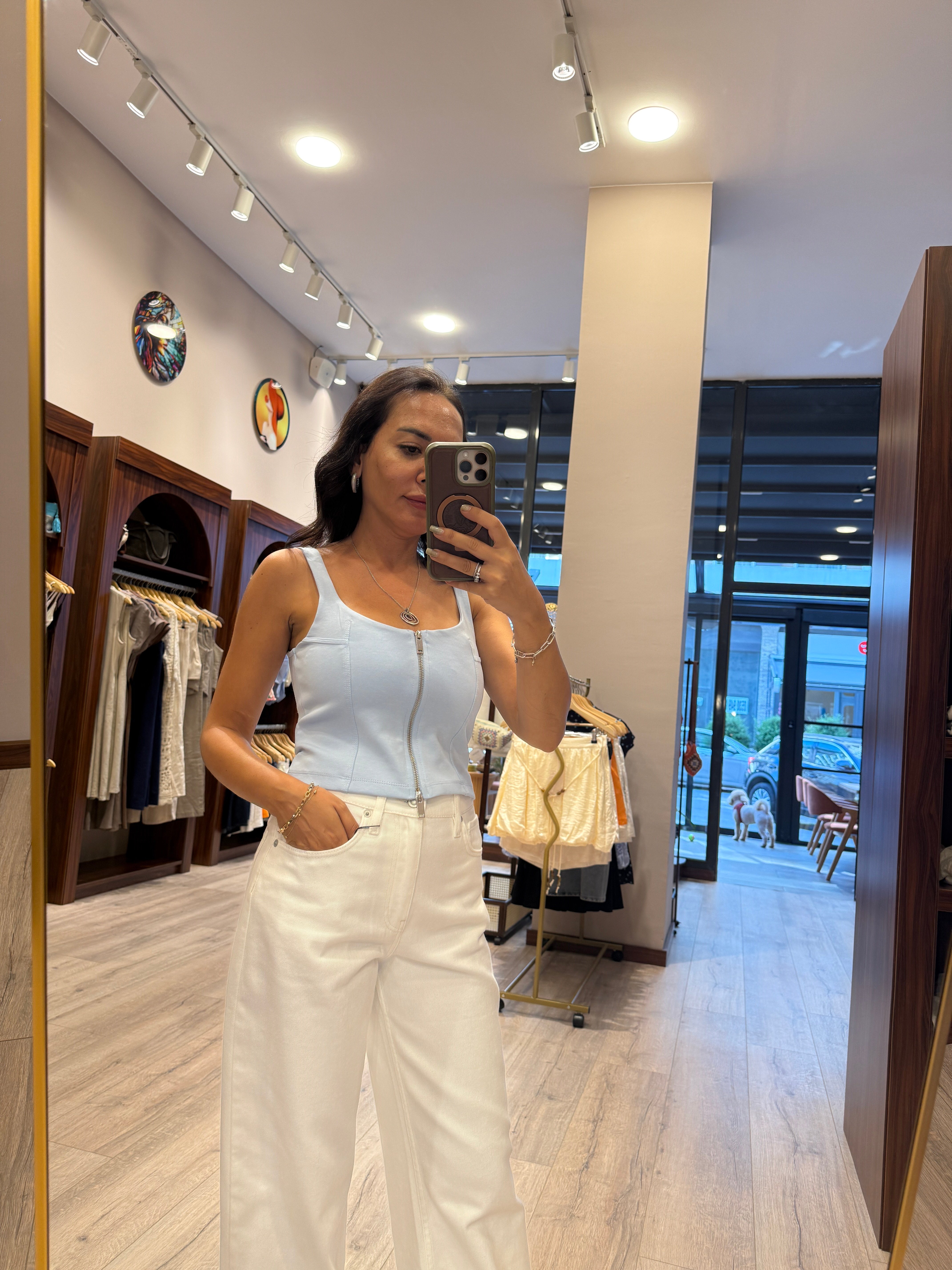 Fermuar Detaylı Kare Yaka Crop Bluz – Açık Mavi
