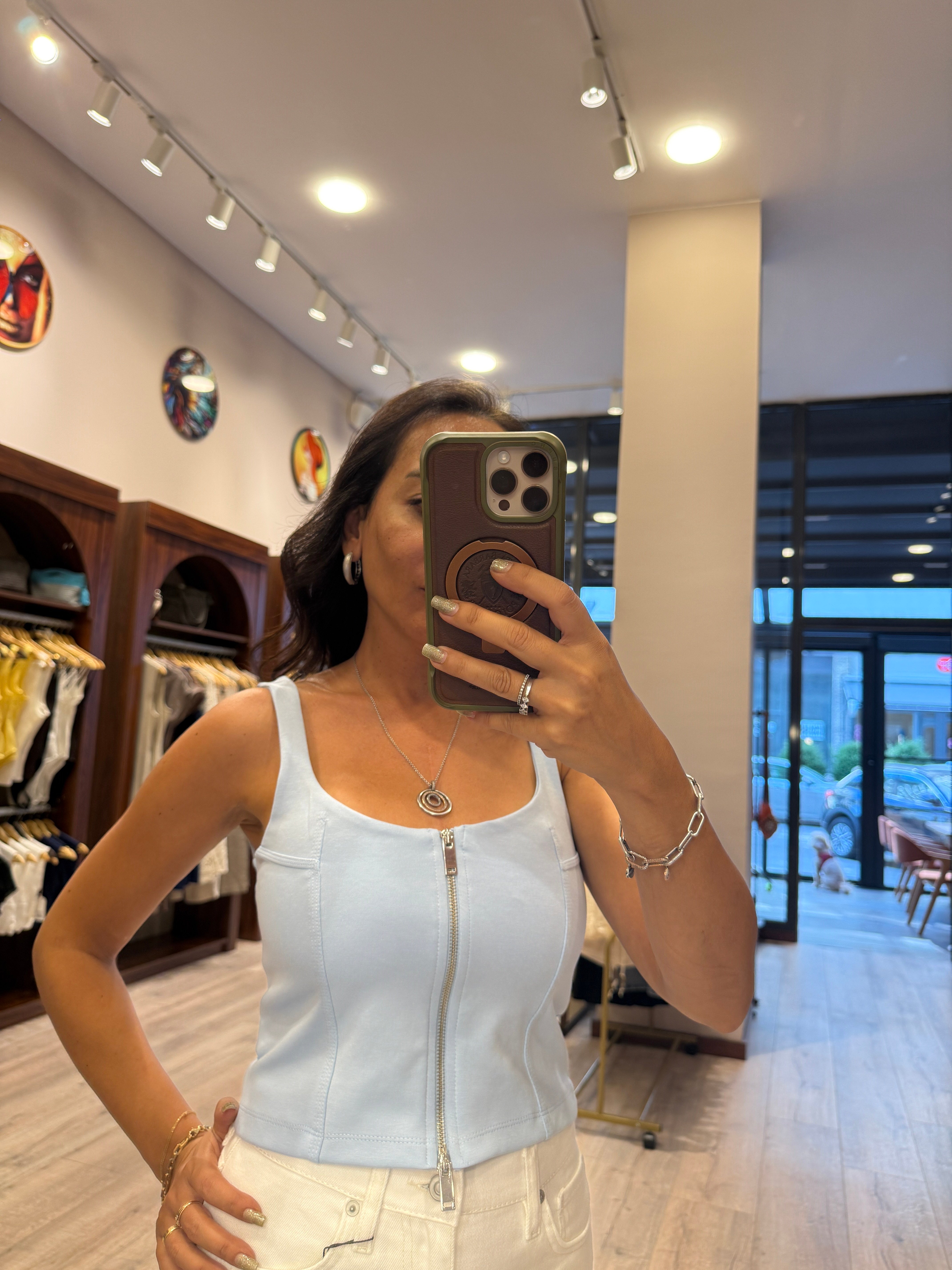Fermuar Detaylı Kare Yaka Crop Bluz – Açık Mavi