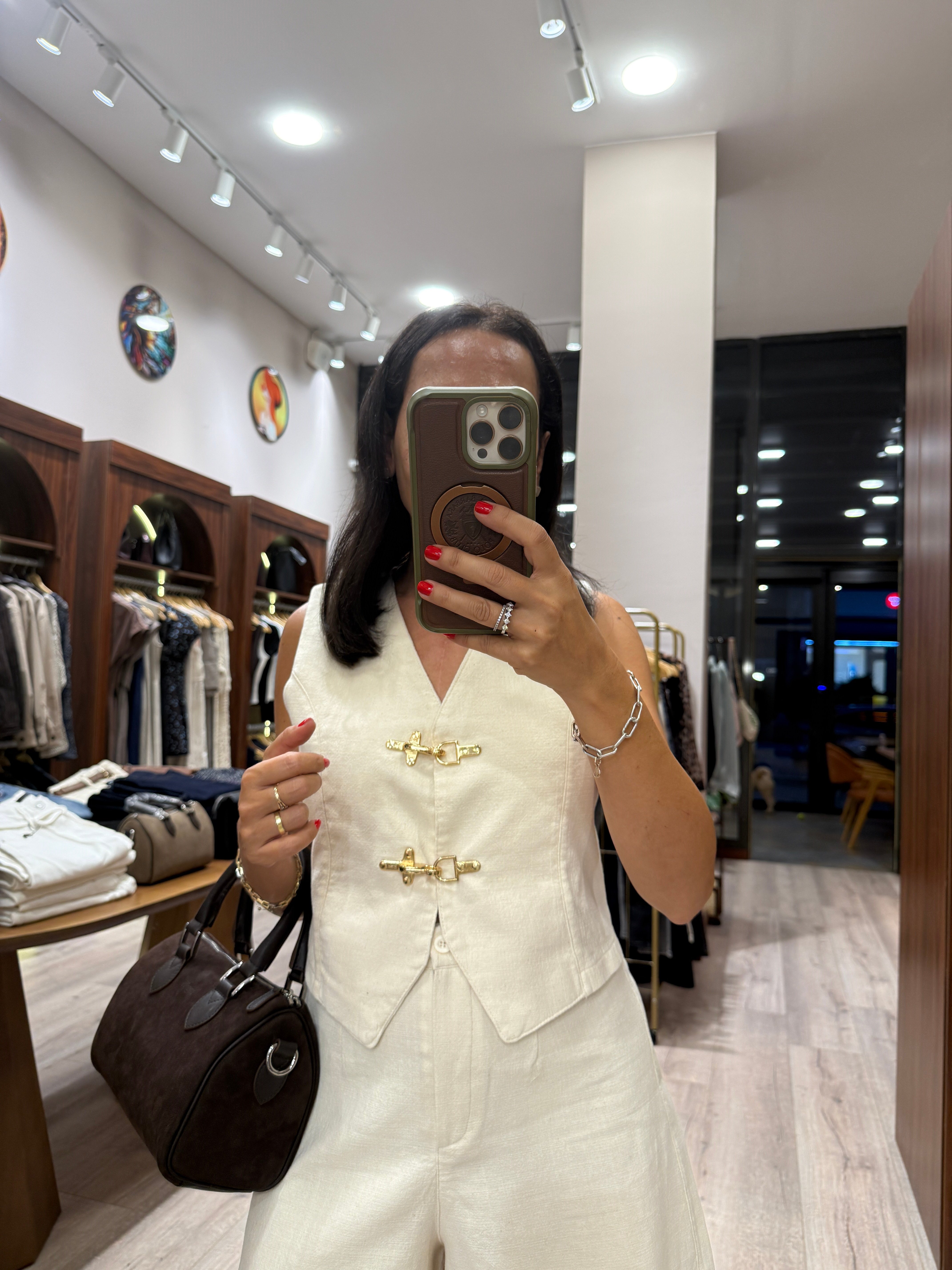 Gold Düğme Detaylı Denim Yelek Şort Takım – NATUREL