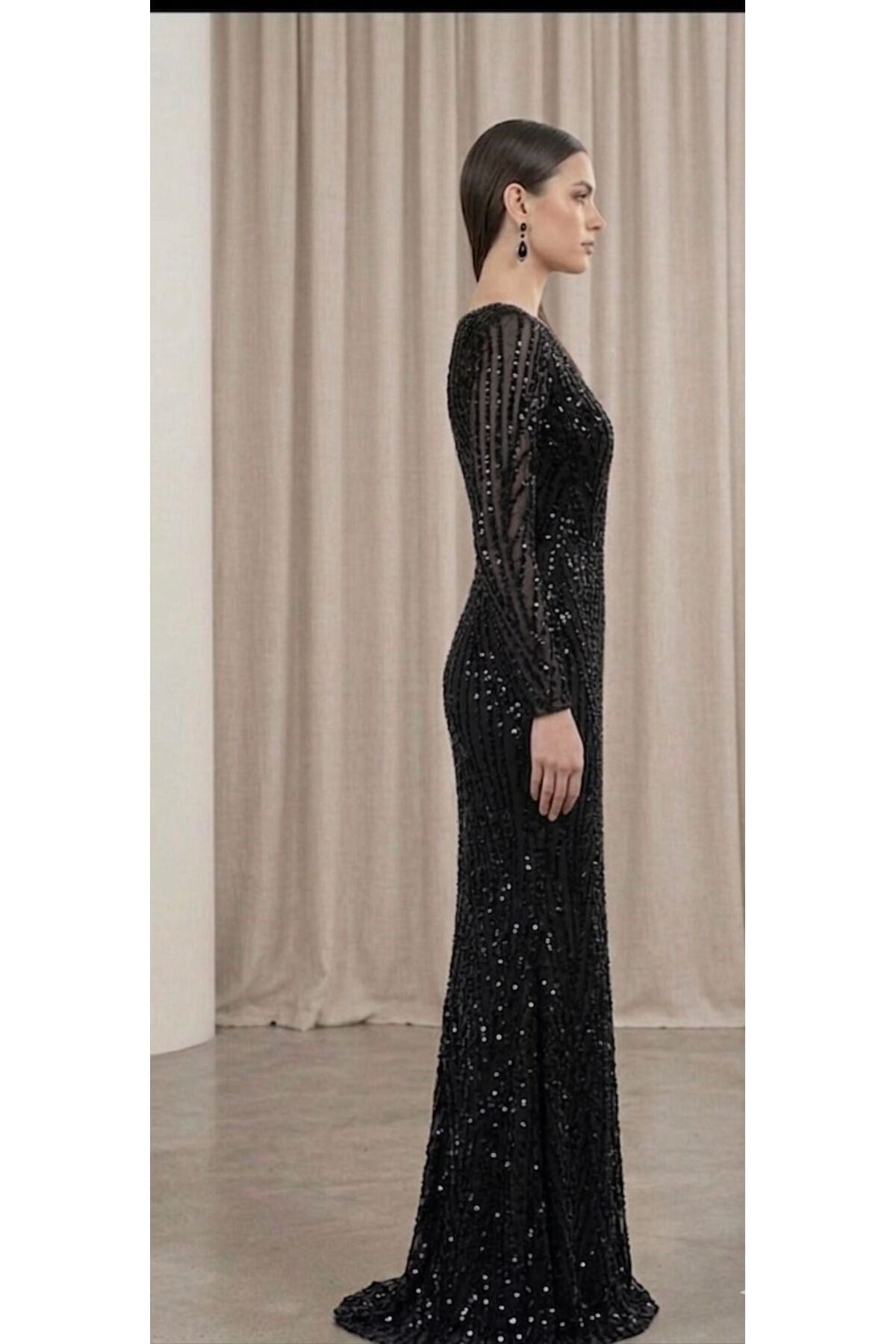 • Noveradress Pullu Payetli Kare Yaka Balık Model Gece Elbisesi
