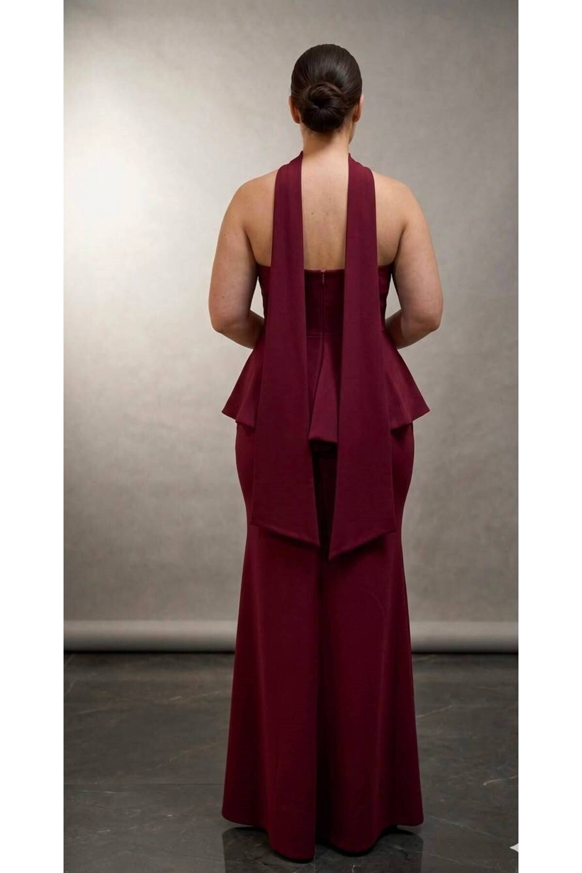 Bordo Büyük Beden Straplez Yaka Taş İşlemeli Peplum Abiye - Nikah ve Nişan Elbisesi