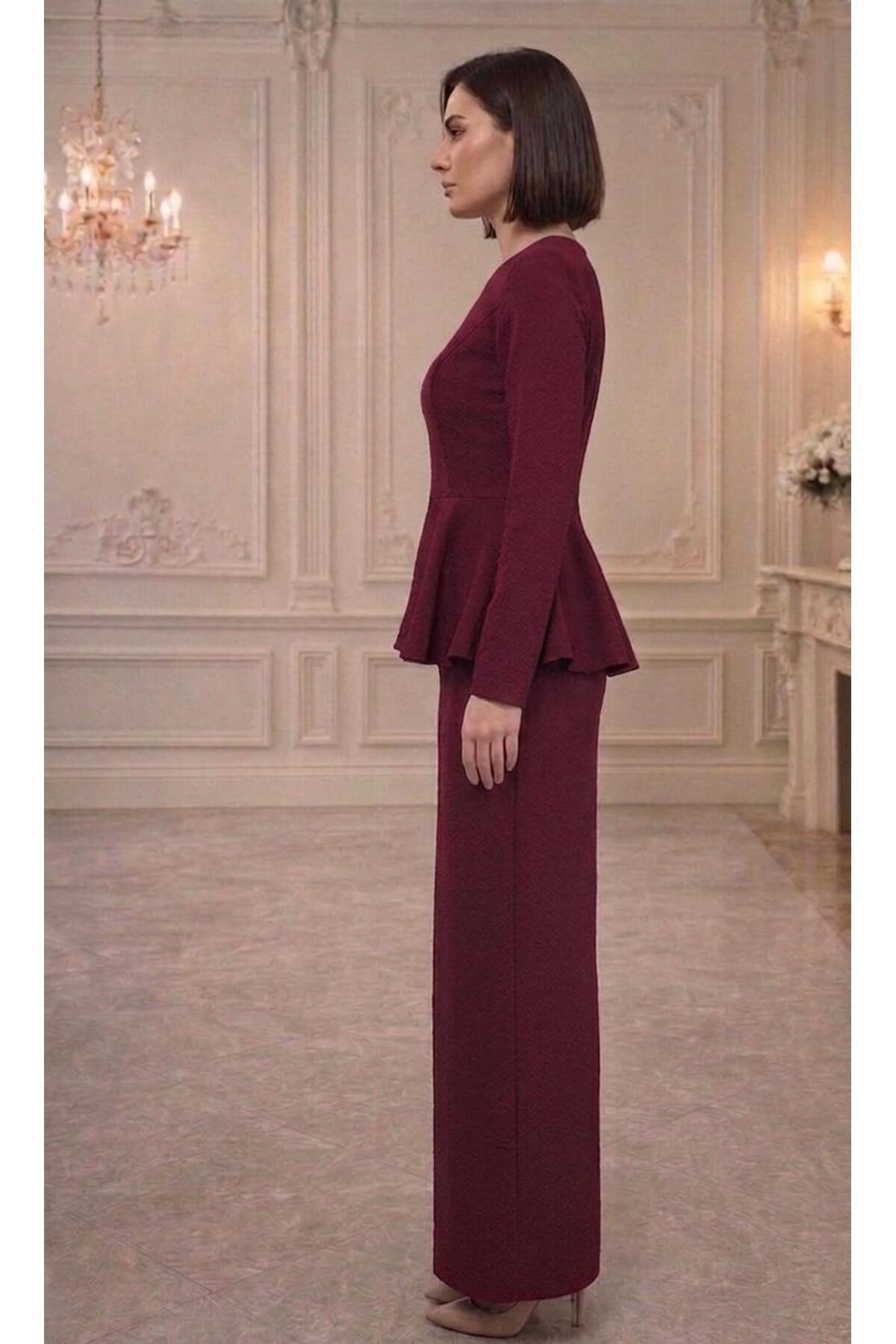 İthal Krep Kumaş,Peplum Kesim Tesettür Abiye Elbise – Pudra / Lacivert / Bordo