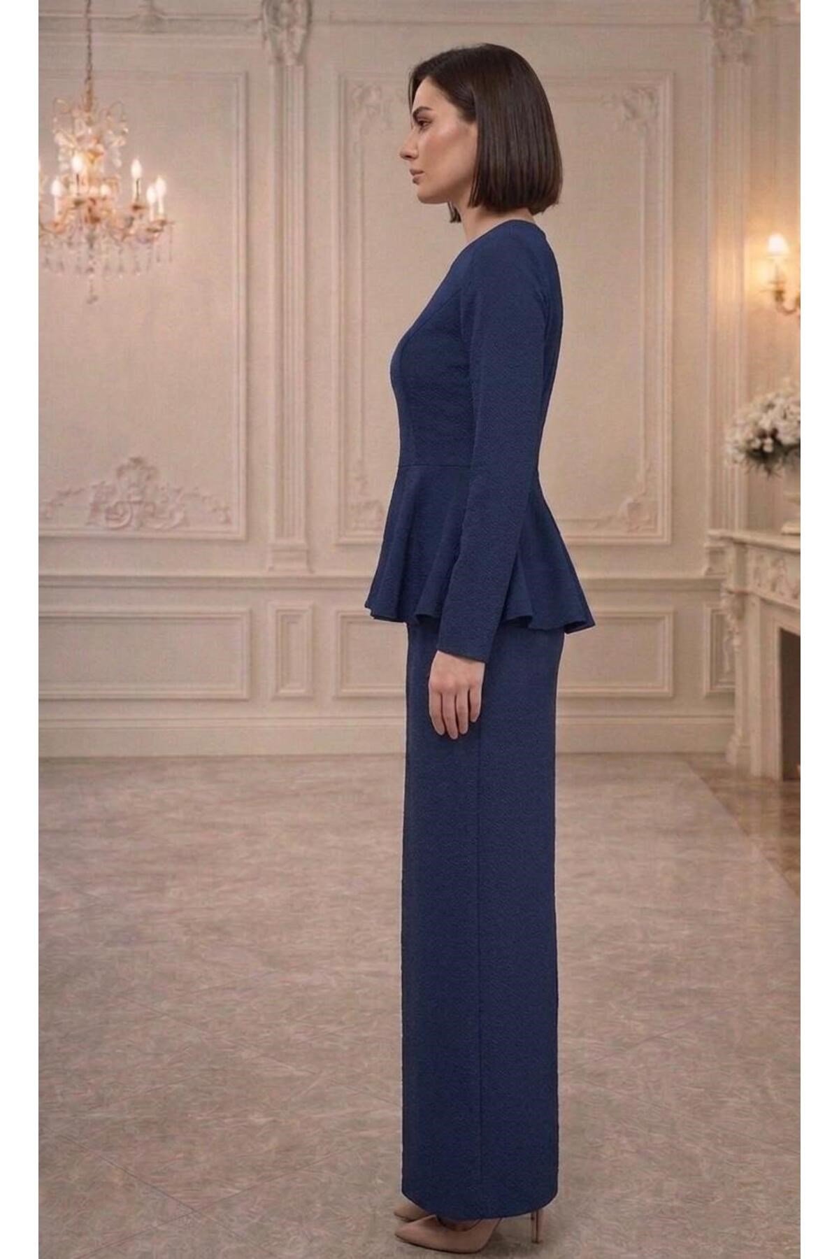 İthal Krep Kumaş,Peplum Kesim Tesettür Abiye Elbise – Pudra / Lacivert / Bordo
