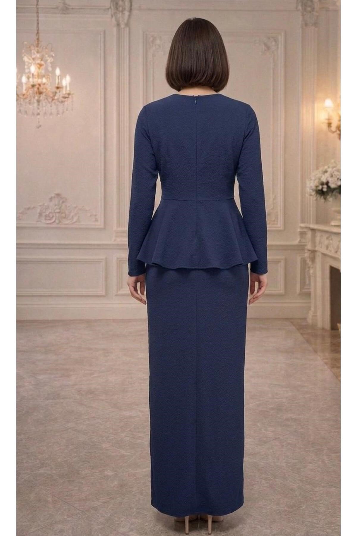 İthal Krep Kumaş,Peplum Kesim Tesettür Abiye Elbise – Pudra / Lacivert / Bordo