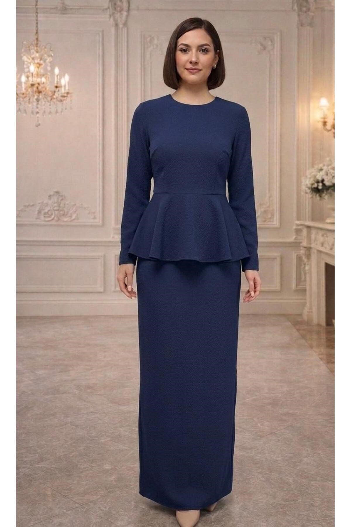 İthal Krep Kumaş,Peplum Kesim Tesettür Abiye Elbise – Pudra / Lacivert / Bordo
