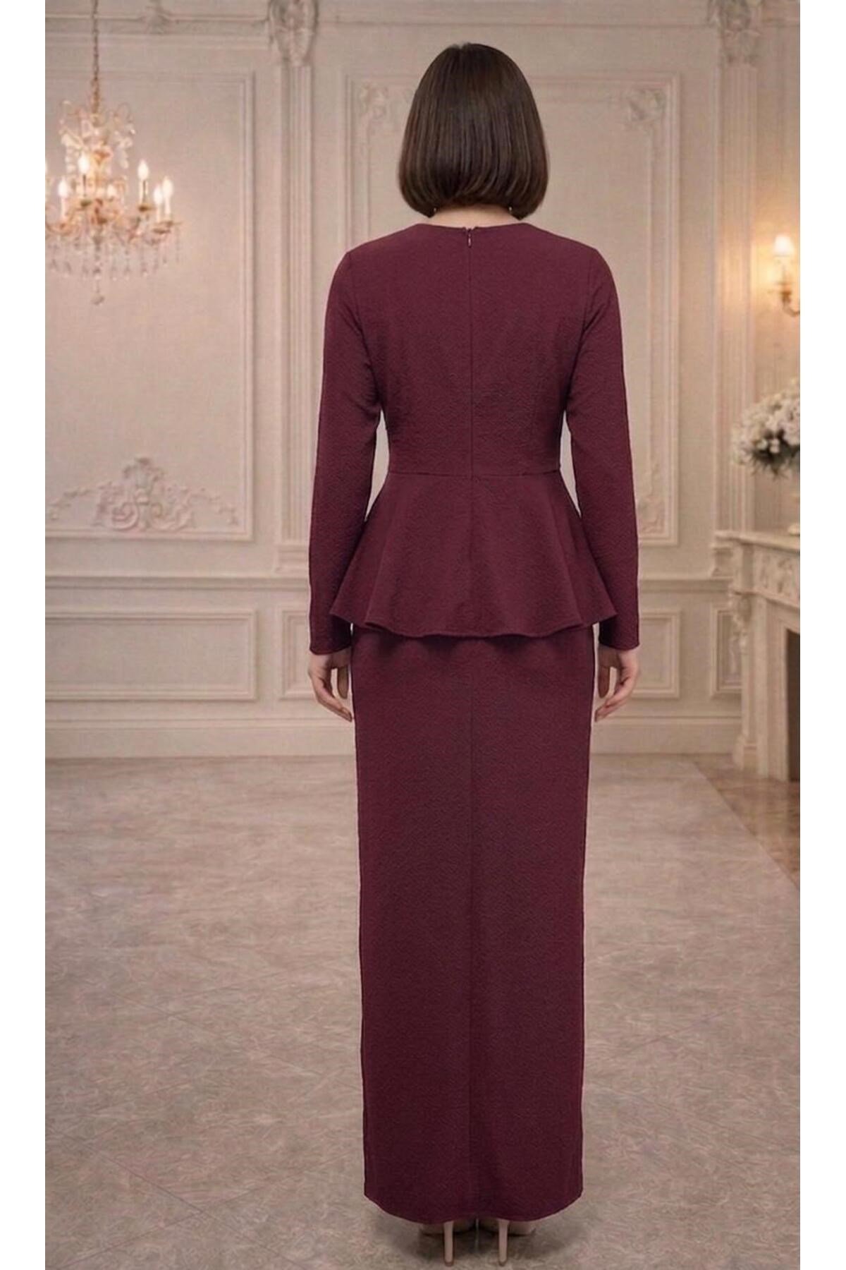 İthal Krep Kumaş,Peplum Kesim Tesettür Abiye Elbise – Pudra / Lacivert / Bordo