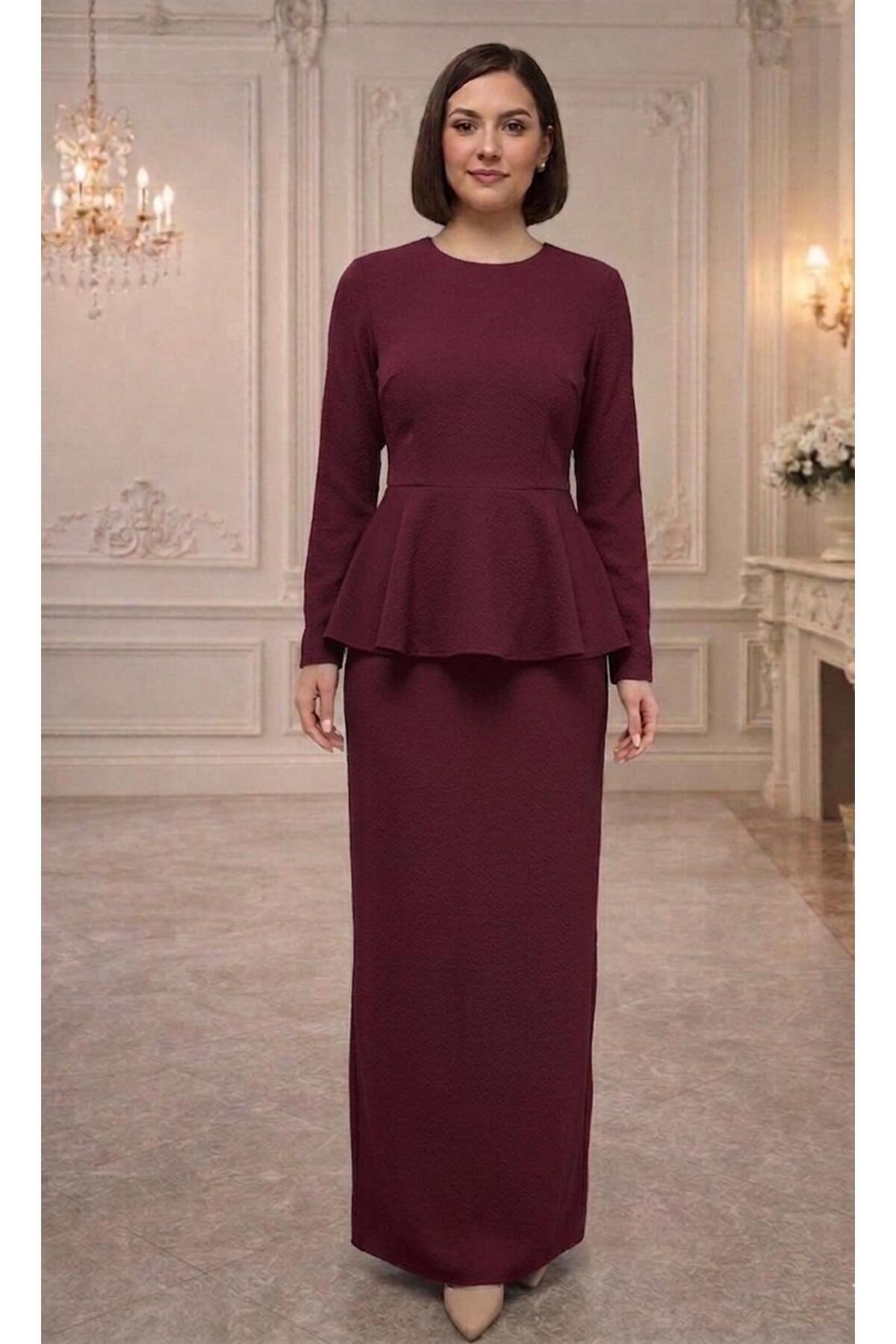 İthal Krep Kumaş,Peplum Kesim Tesettür Abiye Elbise – Pudra / Lacivert / Bordo