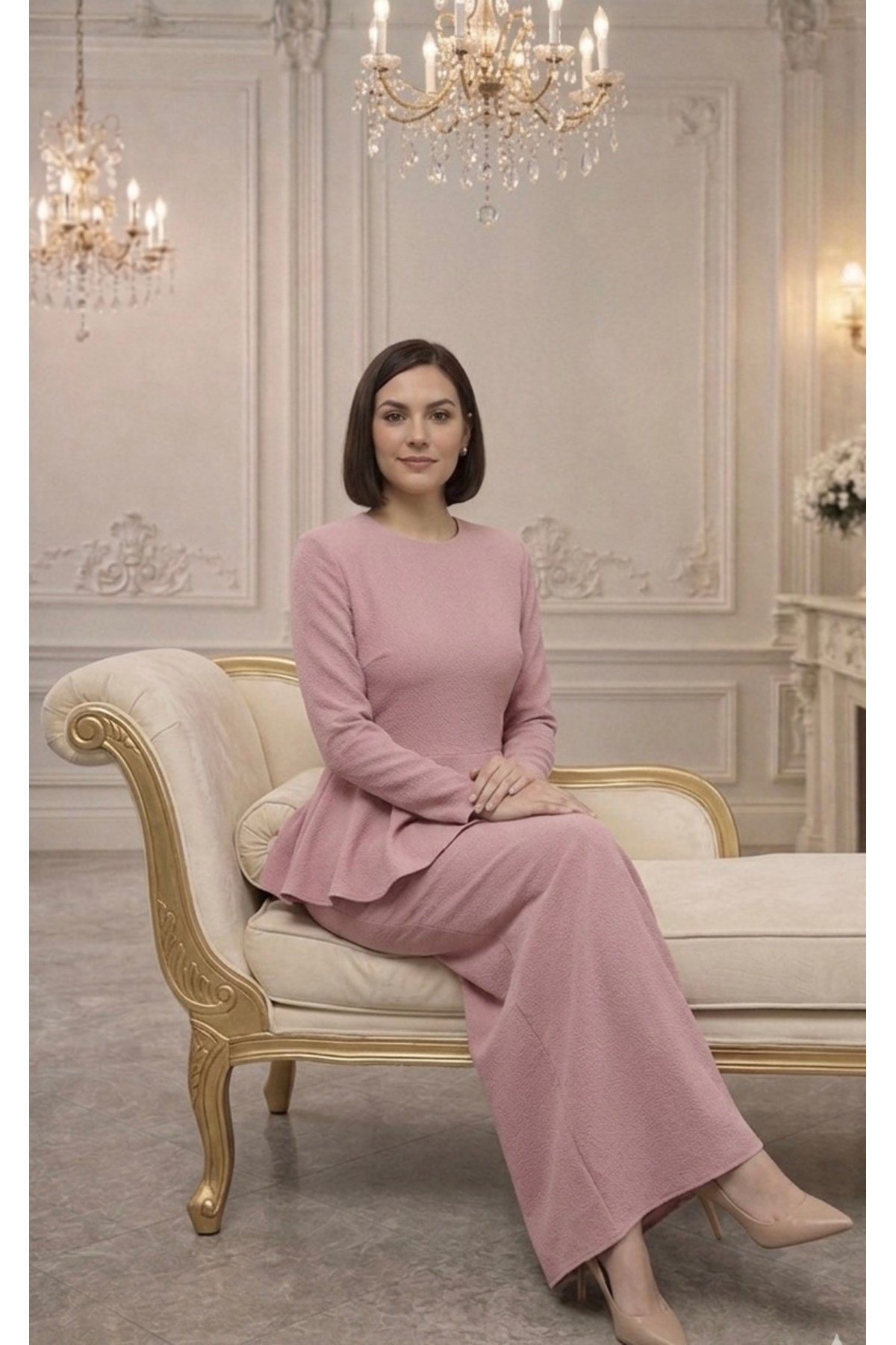 İthal Krep Kumaş,Peplum Kesim Tesettür Abiye Elbise – Pudra / Lacivert / Bordo