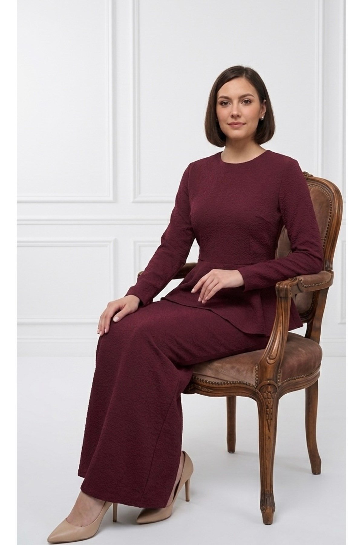 İthal Krep Kumaş,Peplum Kesim Tesettür Abiye Elbise – Pudra / Lacivert / Bordo
