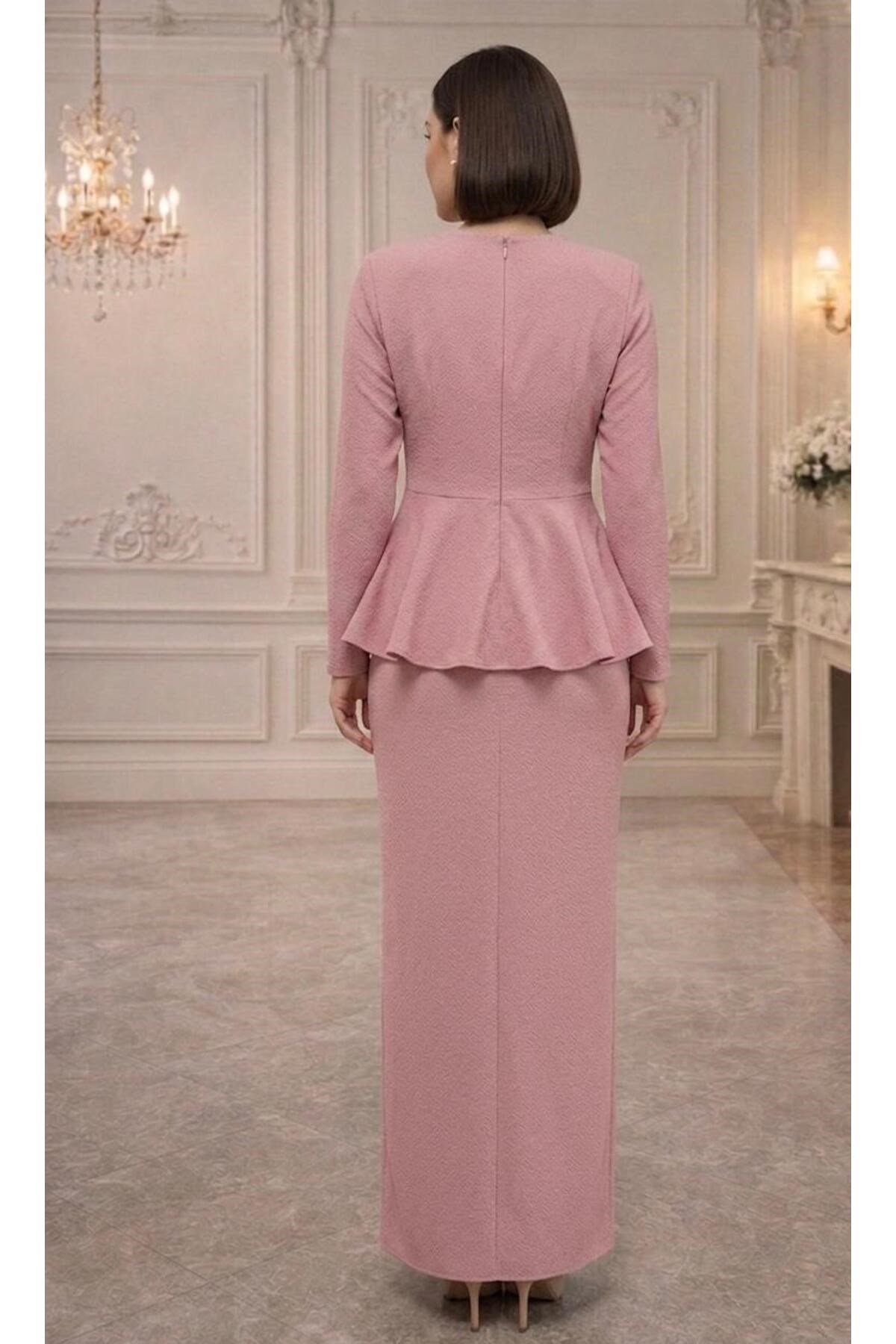 İthal Krep Kumaş,Peplum Kesim Tesettür Abiye Elbise – Pudra / Lacivert / Bordo