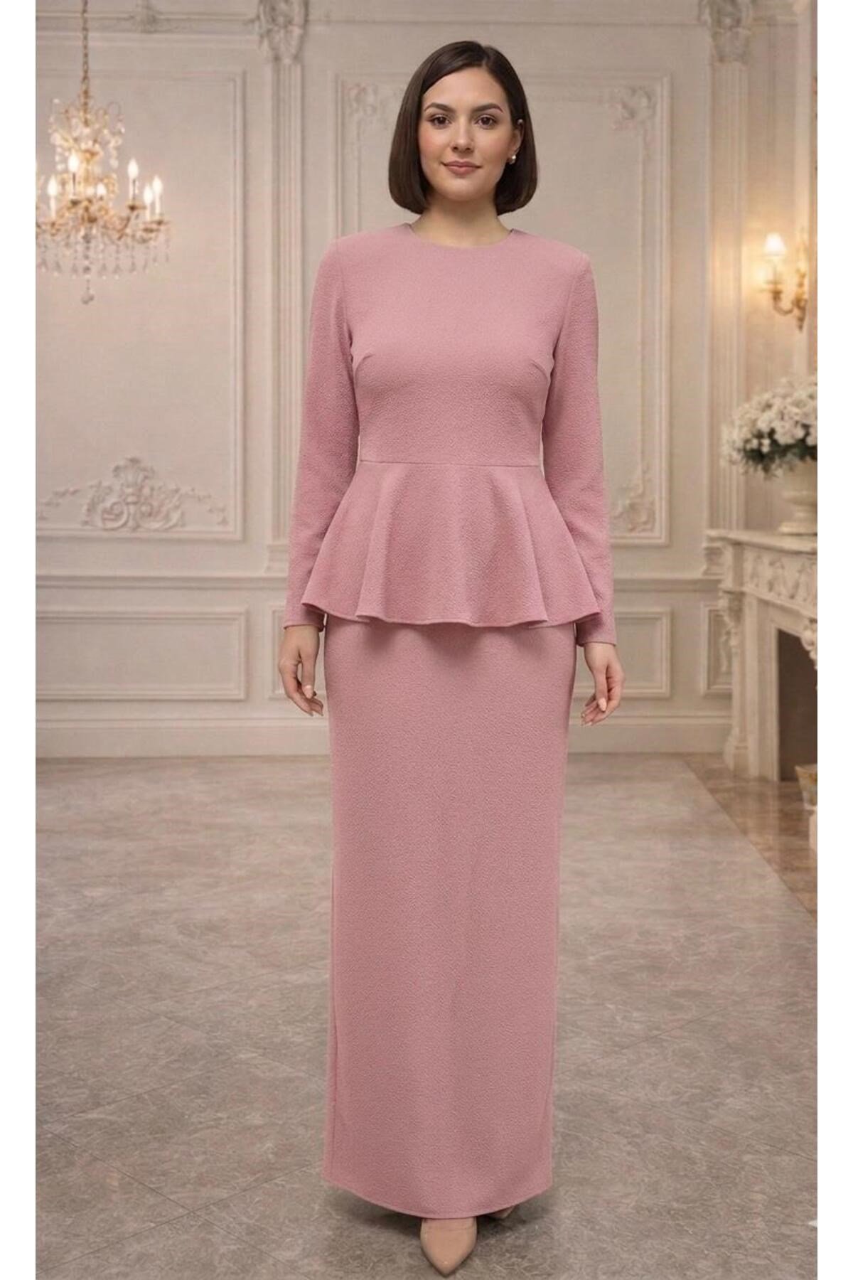İthal Krep Kumaş,Peplum Kesim Tesettür Abiye Elbise – Pudra / Lacivert / Bordo