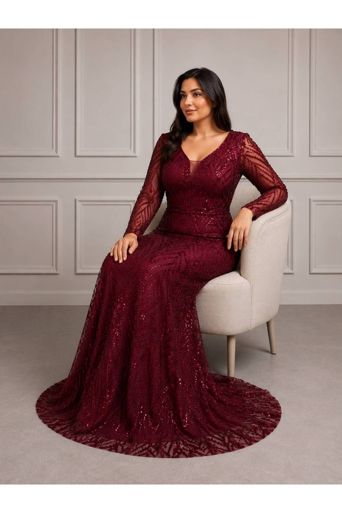 Novera Bordo Pul Payet İşlemeli Büyük Beden Uzun Abiye Elbise