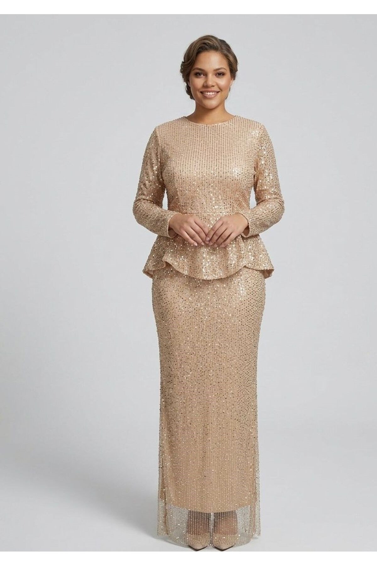 Noveradress Işıltılı Kesme Boncuk Payet Kumaş Zarif Peplum Tesettür Abiye - Gold/Siyah/Lacivert