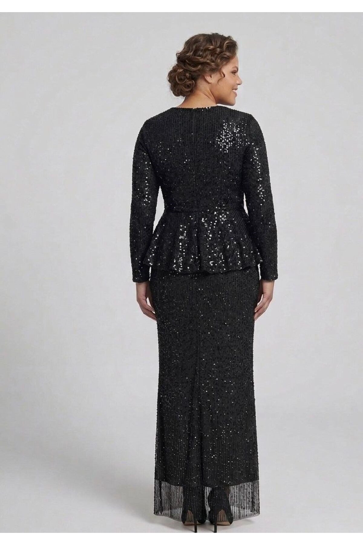 Noveradress Işıltılı Kesme Boncuk Payet Kumaş Zarif Peplum Tesettür Abiye - Gold/Siyah/Lacivert
