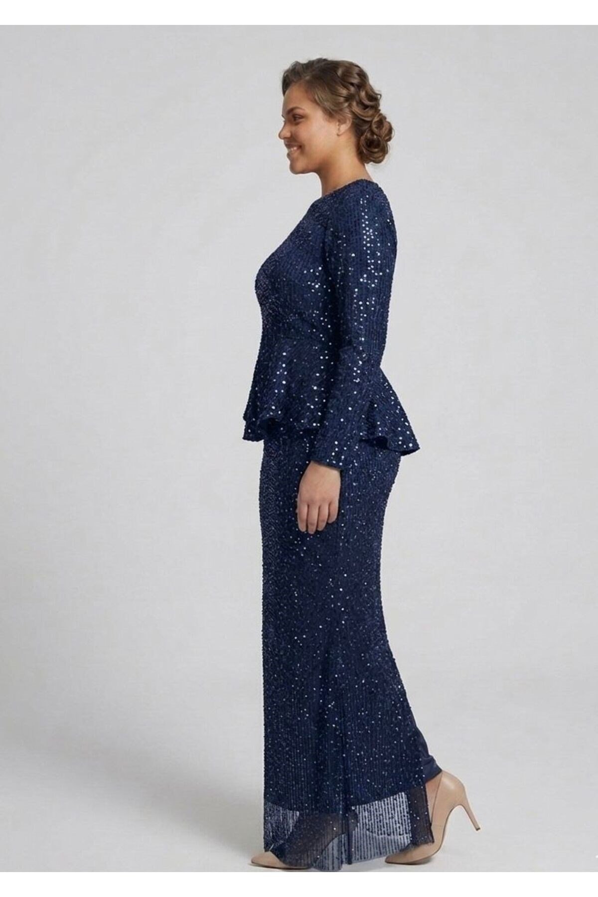 Noveradress Işıltılı Kesme Boncuk Payet Kumaş Zarif Peplum Tesettür Abiye - Gold/Siyah/Lacivert