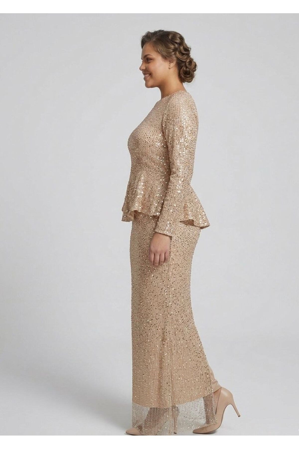 Noveradress Işıltılı Kesme Boncuk Payet Kumaş Zarif Peplum Tesettür Abiye - Gold/Siyah/Lacivert