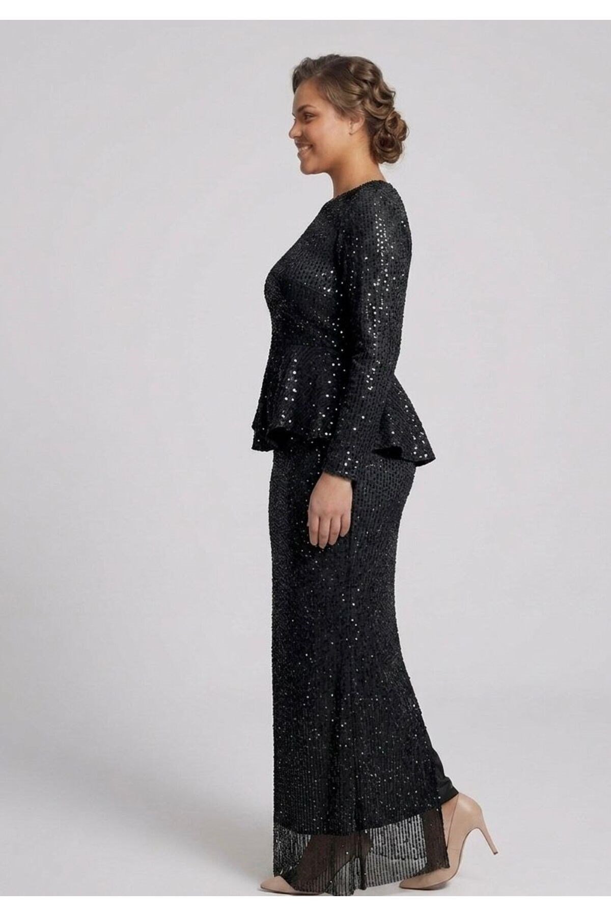 Noveradress Işıltılı Kesme Boncuk Payet Kumaş Zarif Peplum Tesettür Abiye - Gold/Siyah/Lacivert