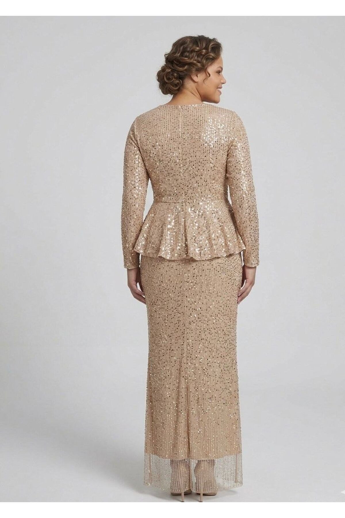 Noveradress Işıltılı Kesme Boncuk Payet Kumaş Zarif Peplum Tesettür Abiye - Gold/Siyah/Lacivert