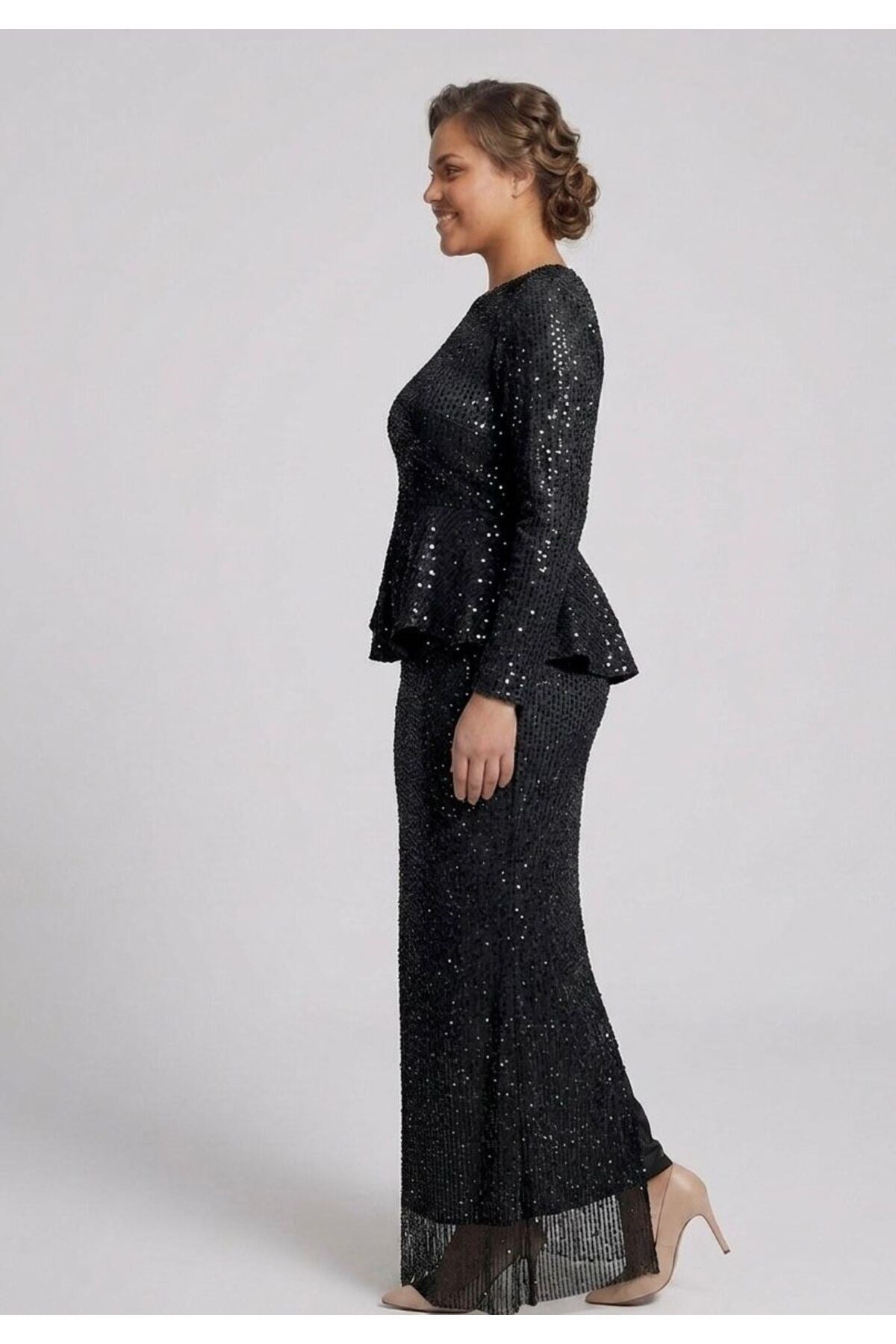 Noveradress Işıltılı Kesme Boncuk Payet Kumaş Zarif Peplum Tesettür Abiye - Gold/Siyah/Lacivert