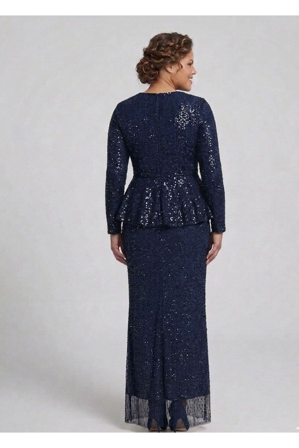 Noveradress Işıltılı Kesme Boncuk Payet Kumaş Zarif Peplum Tesettür Abiye - Gold/Siyah/Lacivert