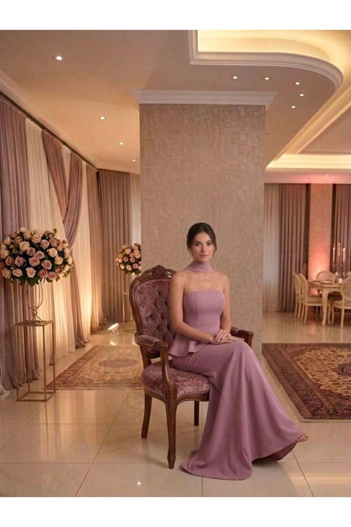 Pudra Pembesi Straplez Peplum Şal Detaylı Balık Abiye Elbise