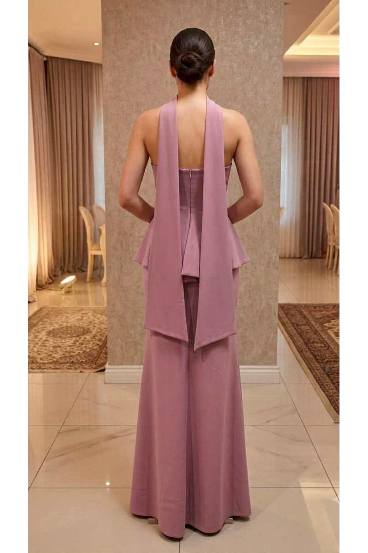 Pudra Pembesi Straplez Peplum Şal Detaylı Balık Abiye Elbise